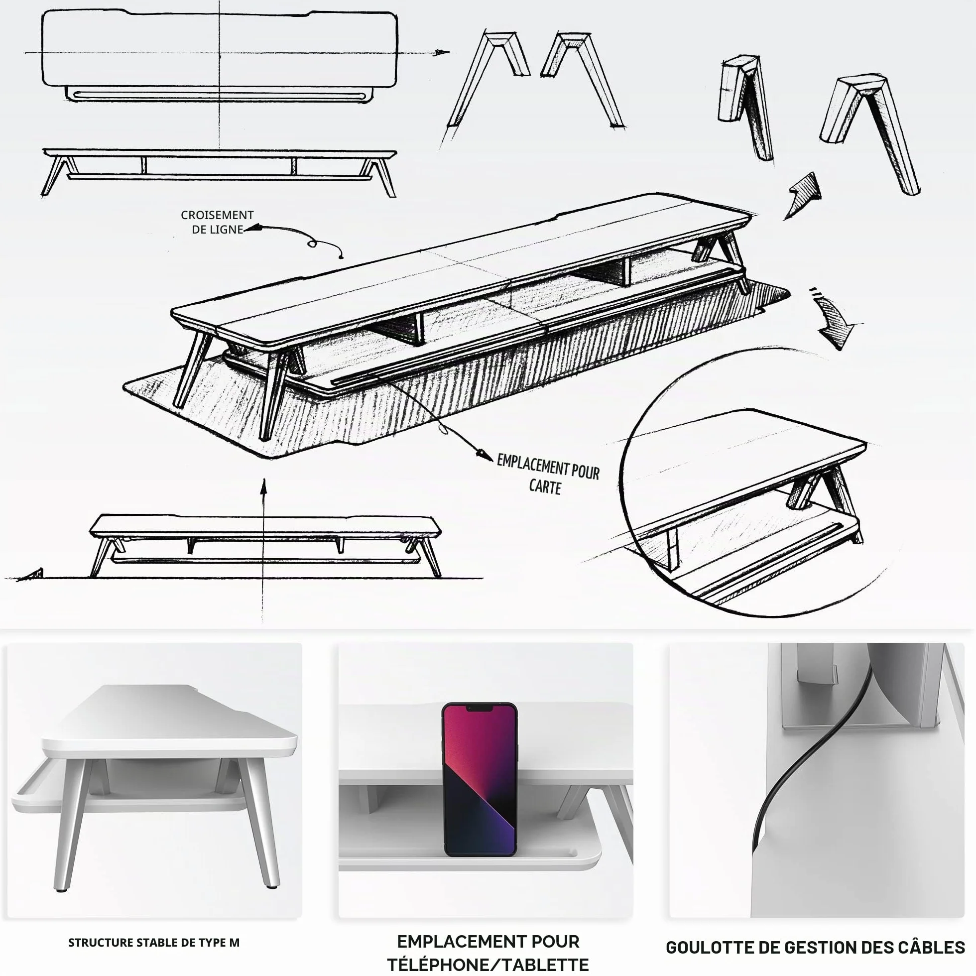 Rehausseur Écran Bureau en Bois et Métal avec Encoche pour Smartphone, Tablette et Stylo, 108cm, Blanc