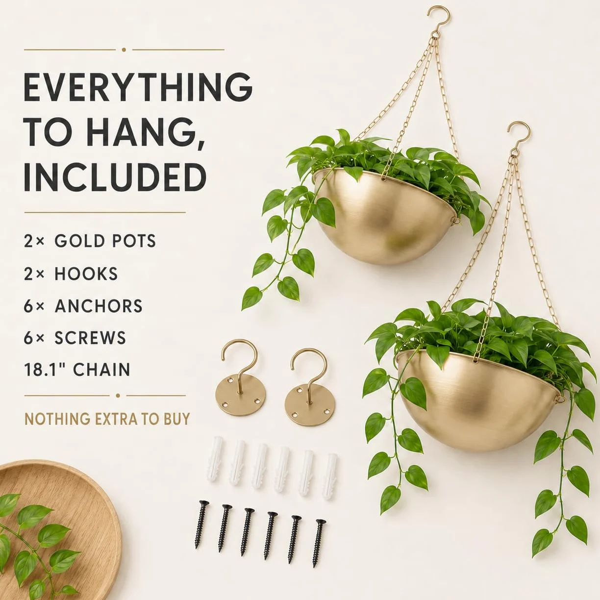 AceList Lot de 2 jardinières dorées à suspendre pour plantes d'intérieur – 24 cm – Suspension bohème en métal avec crochets, support de plante suspendu pour fenêtre et plafond