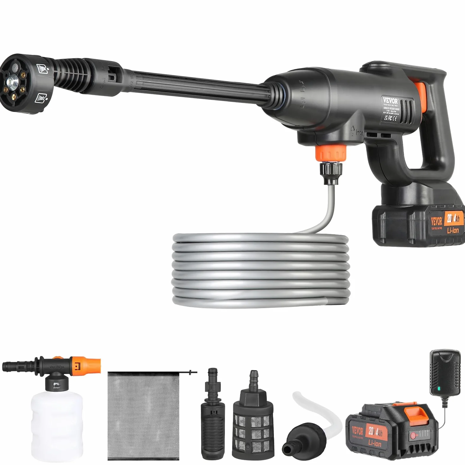 VEVOR Nettoyeur Haute Pression sur Batterie sans Fil 21 V Nettoyeur Haute Puissance Portable 580 PSI 40 bar Laveuse Électrique 4 L/min Batterie 4,0 Ah Chargeur pour Nettoyage Terrasse Jardin Voiture