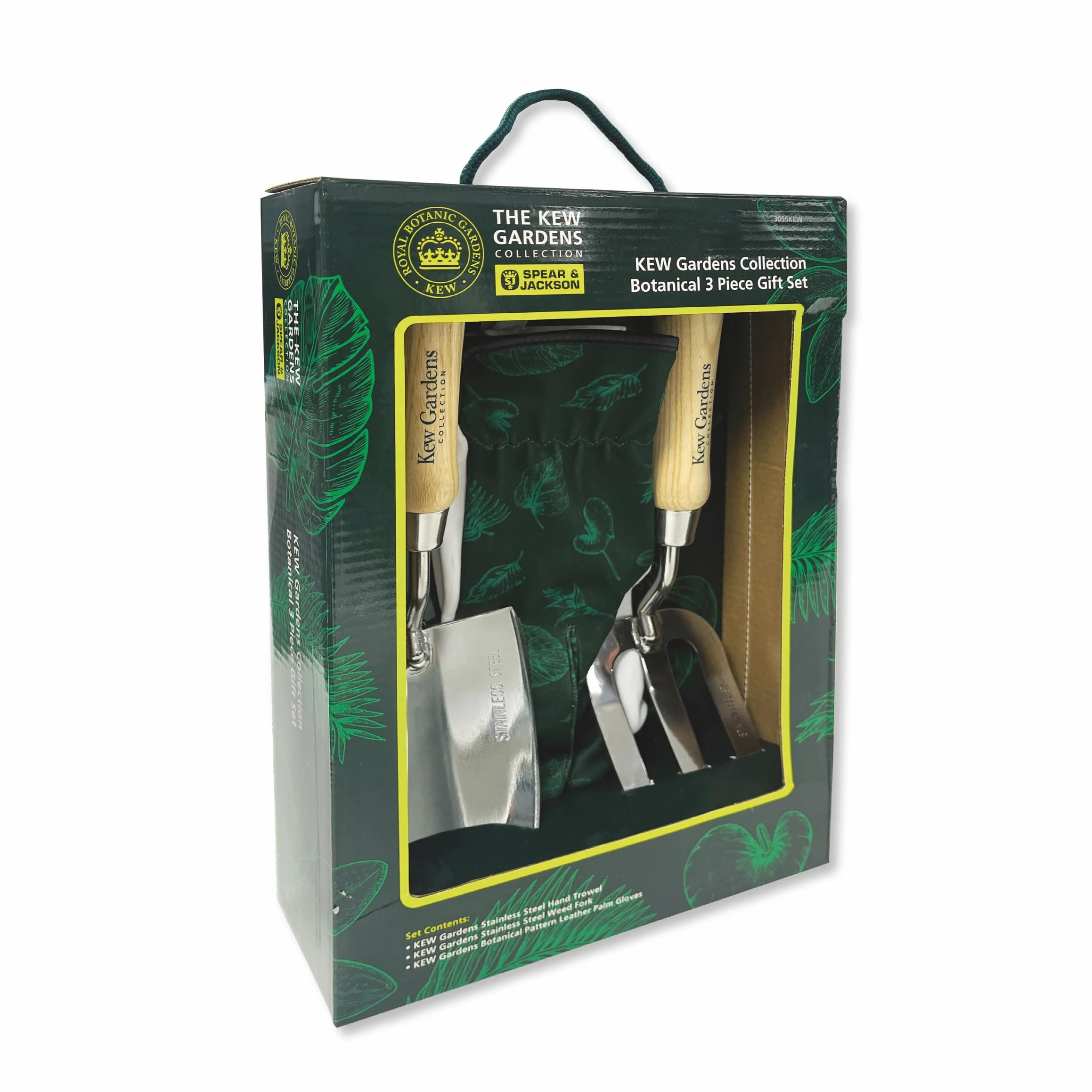 Spear & Jackson 3055KEW Coffret Cadeau Botanique Kew Gardens – Plantoir et Fourchette à Désherber en Acier Inoxydable avec Poignées en Bois FSC et Gants de Jardinage à Paume en Cuir