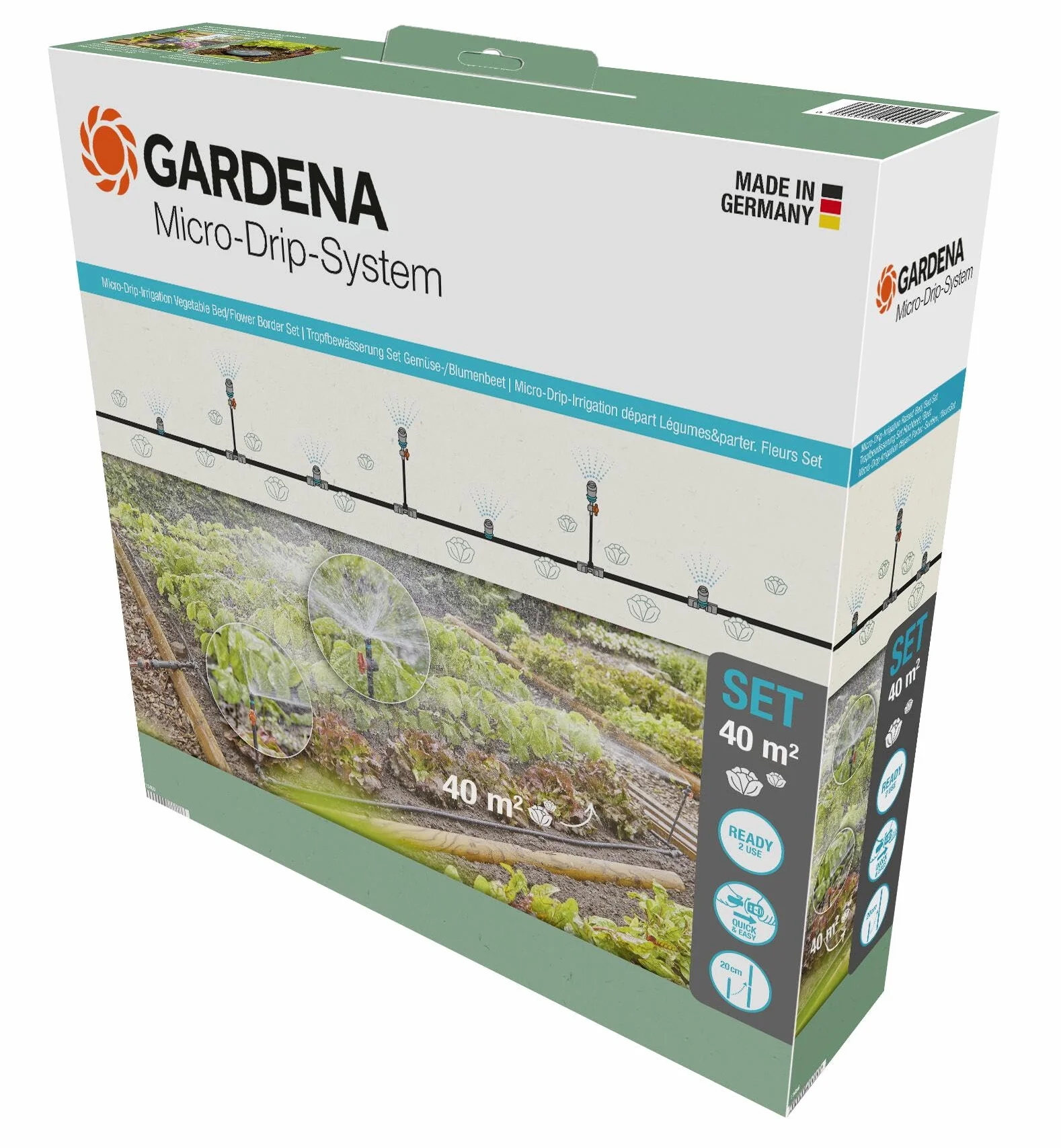 Gardena Micro-Drip System Kit d'irrigation goutte à goutte pour parterres de légumes/fleurs (40 m²): kit de démarrage prêt à l'emploi, système d'irrigation à économie d'eau (13450-20)
