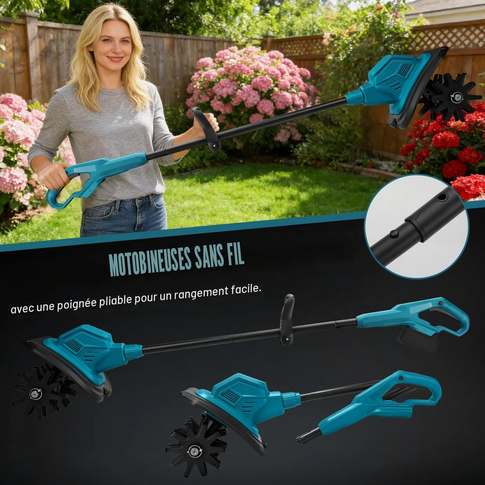 WingFly Motobineuse sans Fil pour Makita 18 V Batterie, Vitesse 387 TR/Min | 800 W motoculteur électrique, moteur sans balais, profondeur de travail 18 cm et largeur de travail 20 cm (sans batterie)