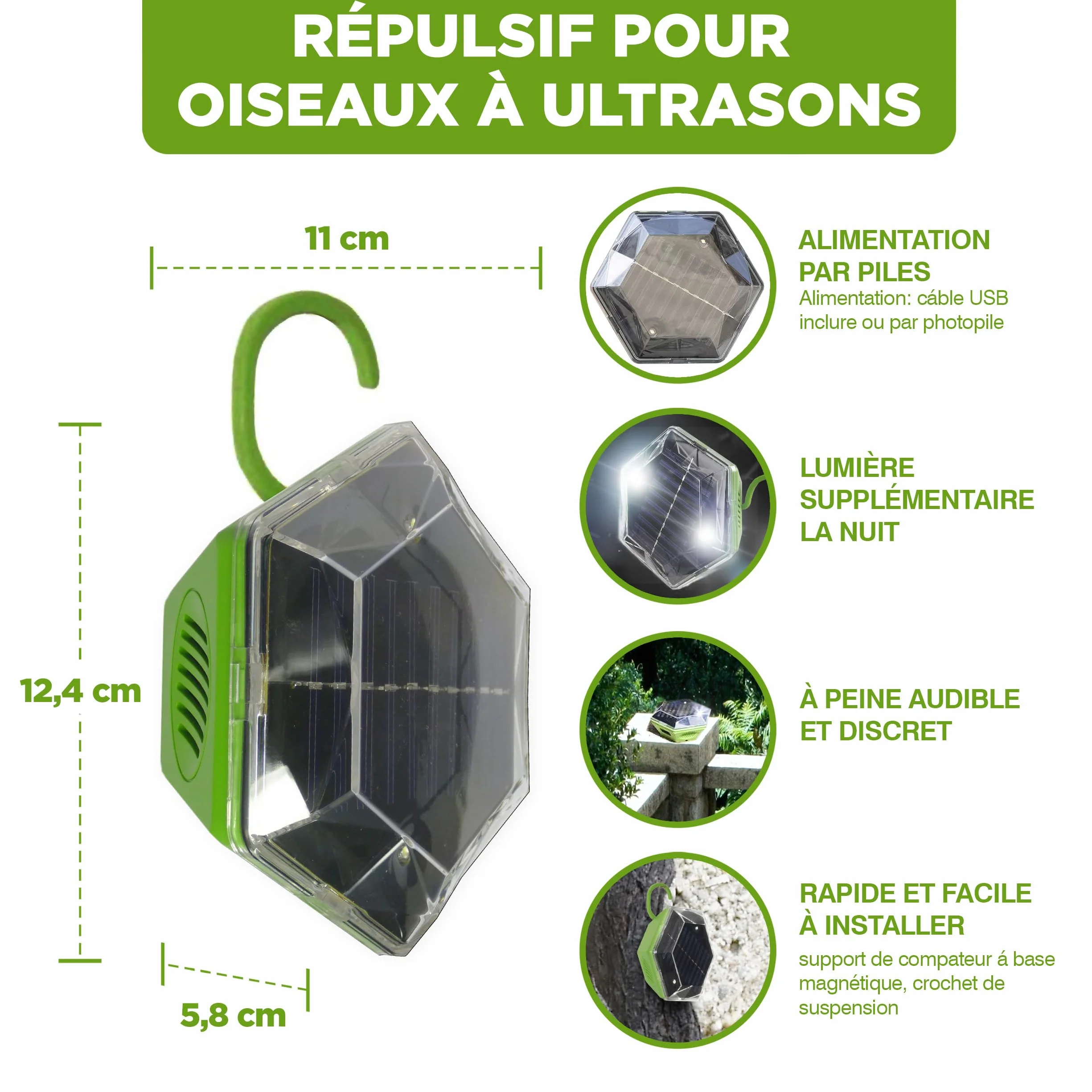 ISOTRONIC Répulsif Solaire Flash et ultrasons – Éloigne Pigeons et Oiseaux – Portée 150 m² – 1 unité