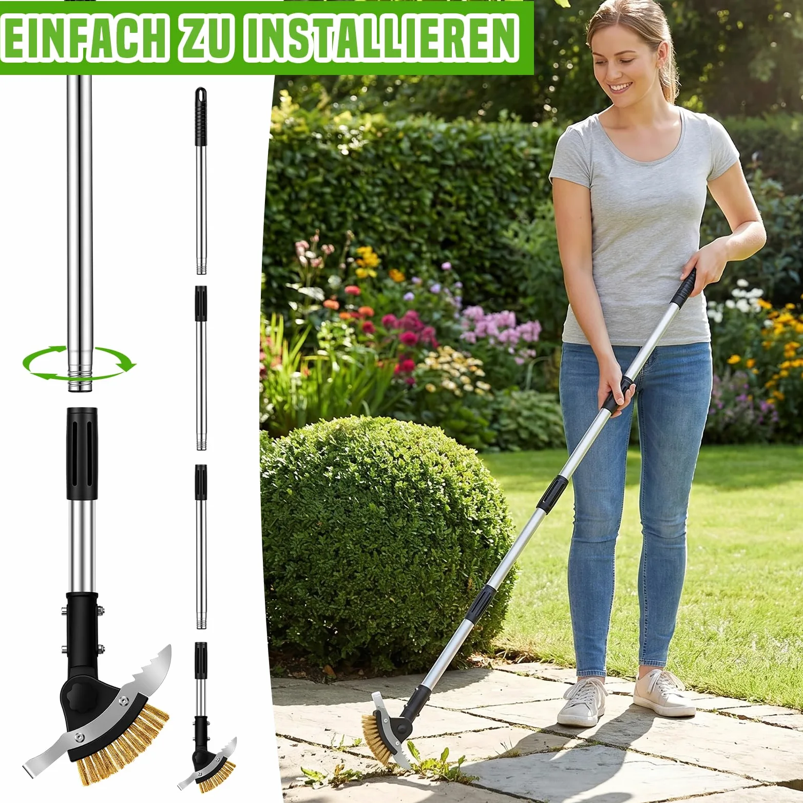 Hysagtek Grattoir à joints de jardin - Brosse à joints 3 en 1 - 150 cm - Réglable - Avec manche - Nettoyeur de joints avec brosse en mousse et 2 grattoirs en acier inoxydable - Pour escaliers