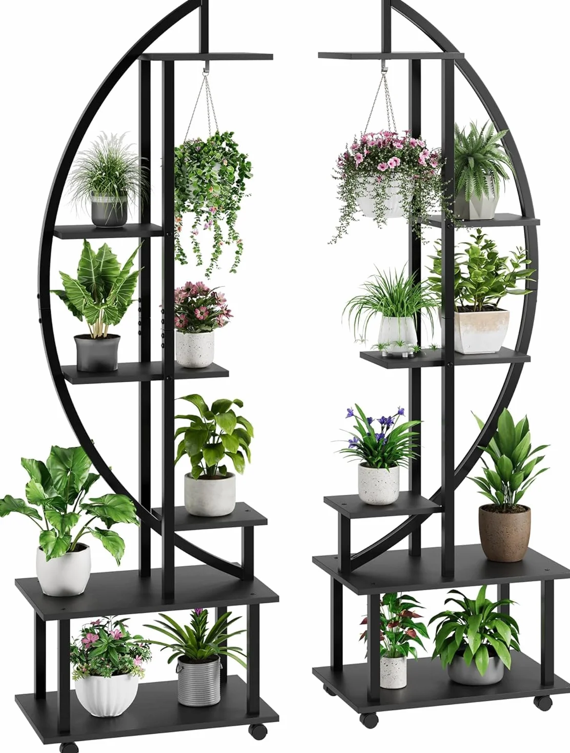 Supports pour Plantes d'intérieur 2 Pièces, 6 Niveaux 172 cm, Roulettes, Demi-Cœur, Métal-Bois, Noir
