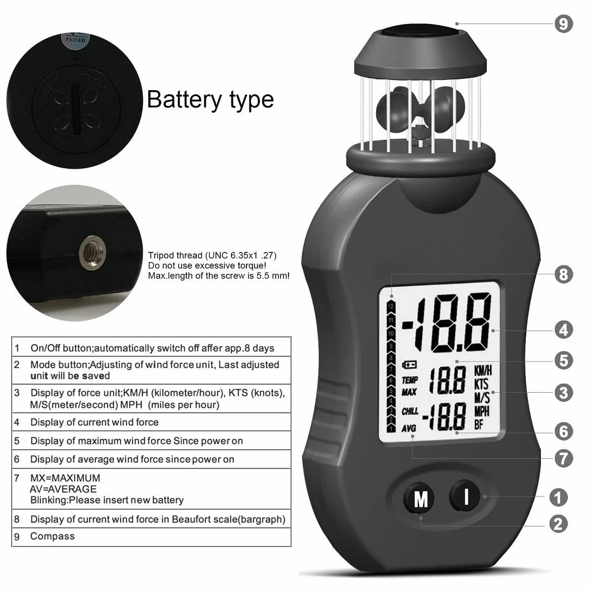 Anémomètre numérique, anémomètre Multifonctionnel, anémomètre Portable HP-876 0,7-42 m/s, Compteur de Vitesse de l'air avec Boussole, Compteur de Vitesse du Vent