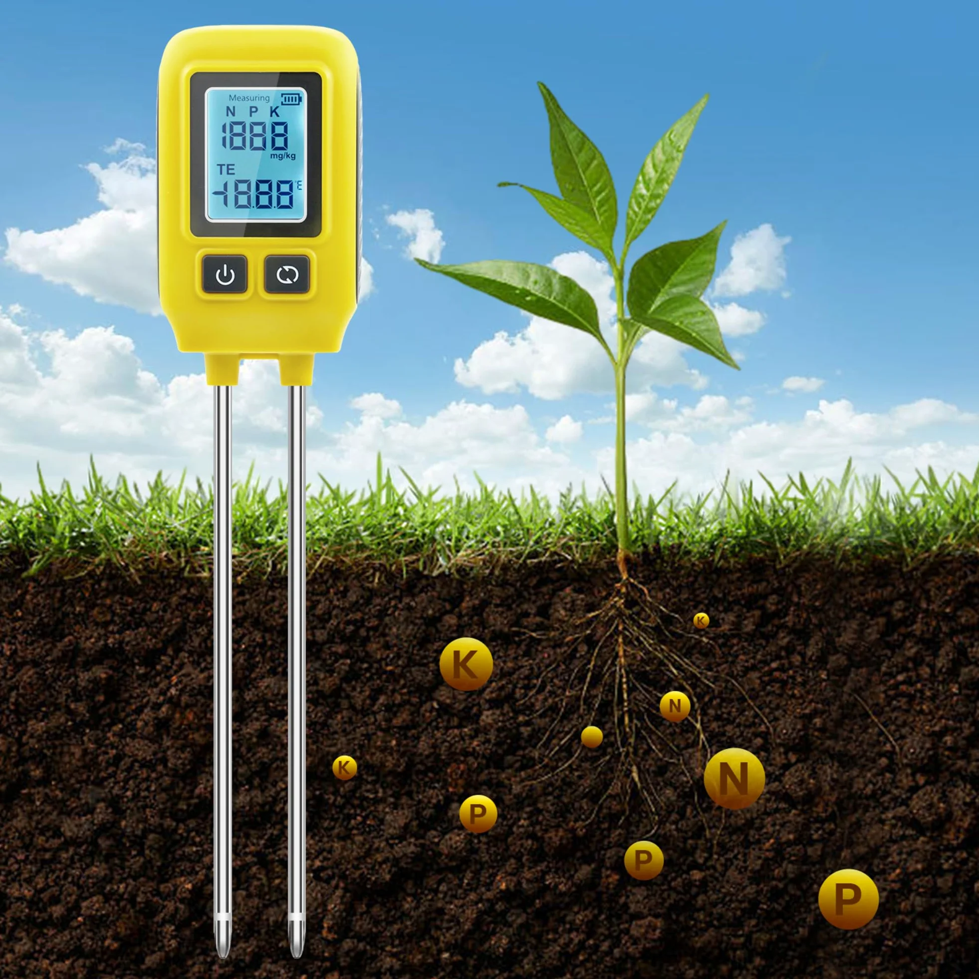 Mcbazel Professional Soil Meter, Instrument de Mesure du Sol 4 en 1,Détecteur d'Éléments Traces P/N/K, Détection de la Santé des Plantes Vertes pour Le Nitrogène/Phosphore/Potassium/Température