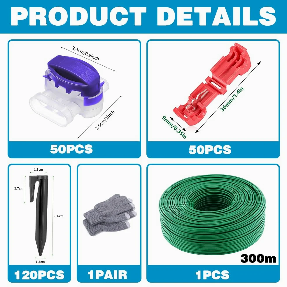 Cable Peripherique Robot Tondeuse 300m,Fil Robot Tondeuse,Universelles Cable Tondeuse+120 Piquets+50Connecteurs de Câble+50Bornes de Connexion,Tondeuse Gazon Fil Périphérique,Accessoires pour tondeuse