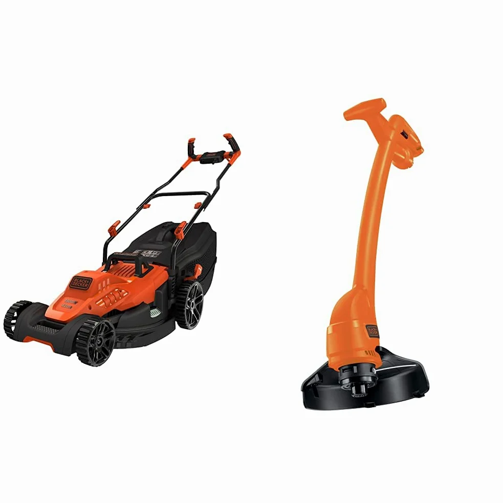 BLACK+DECKER Tondeuse Filaire 1800W, Tondeuse à Gazon Electrique 42 cm & Coupe-Bordures Filaire 350W, Coupe-Bordures Electrique 25 cm avec 2 Poignées, Déroulement du Fil par Frappe au Sol
