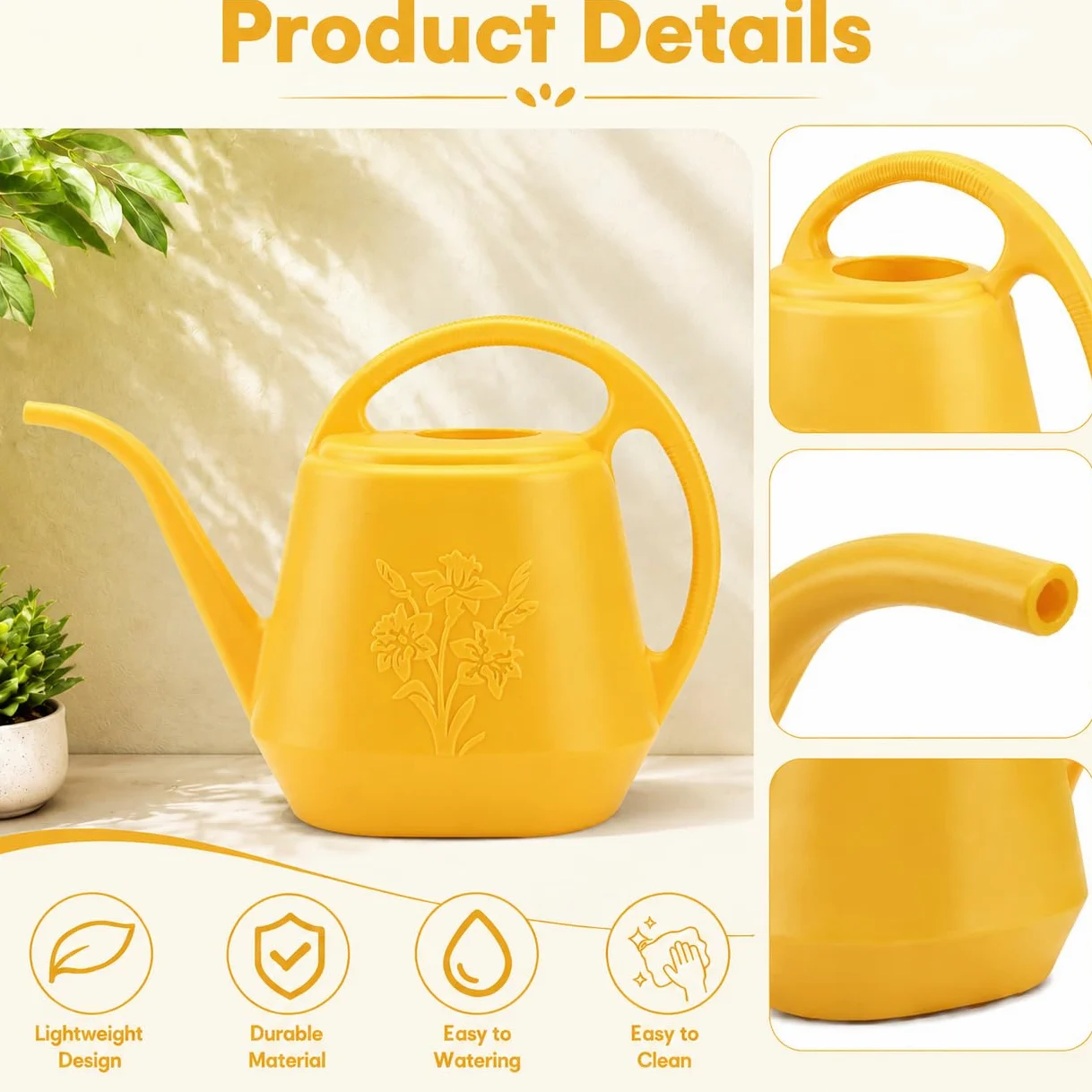 Fasmov Arrosoir en plastique de 3,8 l avec poignée confortable, arrosoir de jardin à long bec pour arroser les plantes, jaune