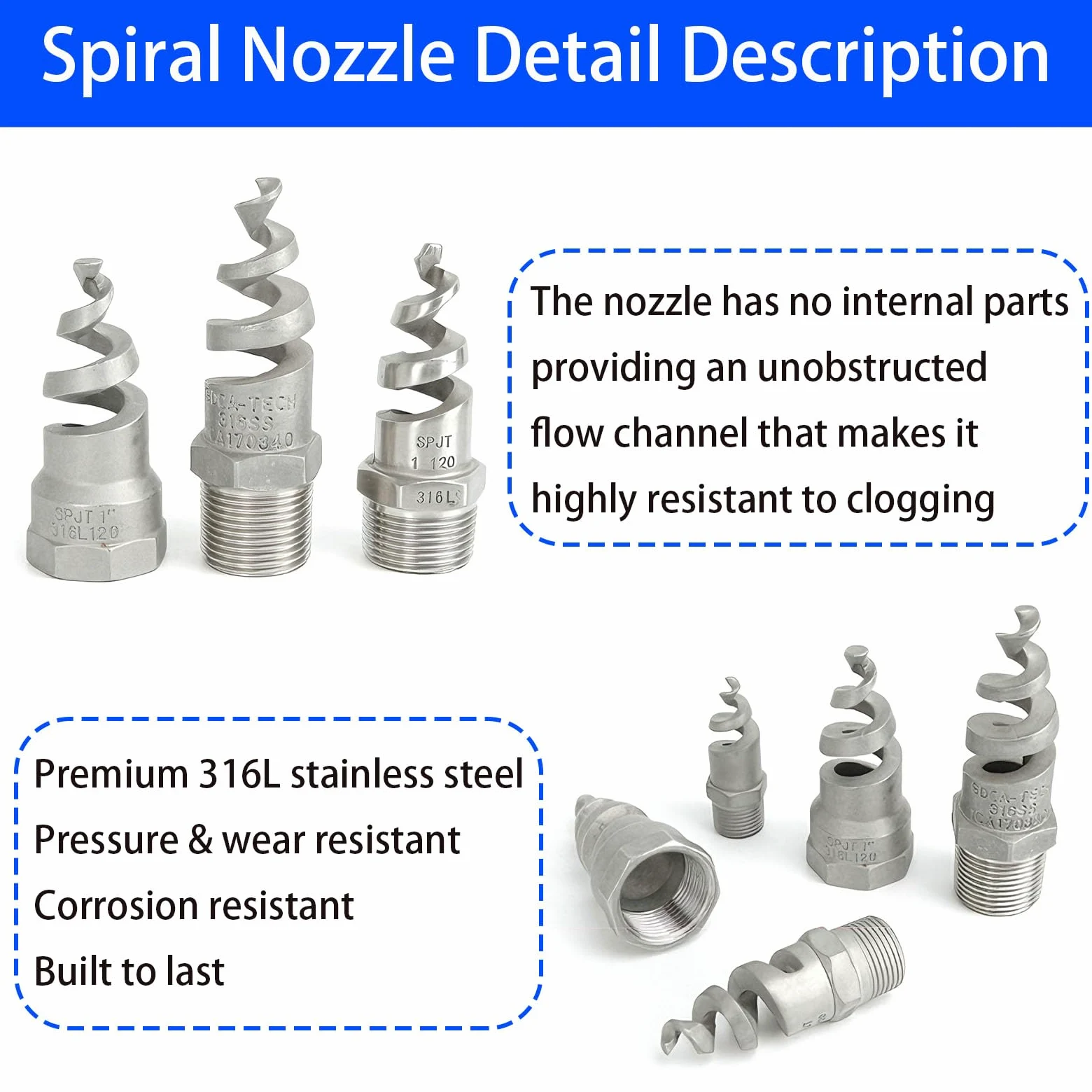 La poussière industrielle en métal de buse d'atomisation de cône en spirale mâle enlève le jet de buse 5pcs 1-1/4"