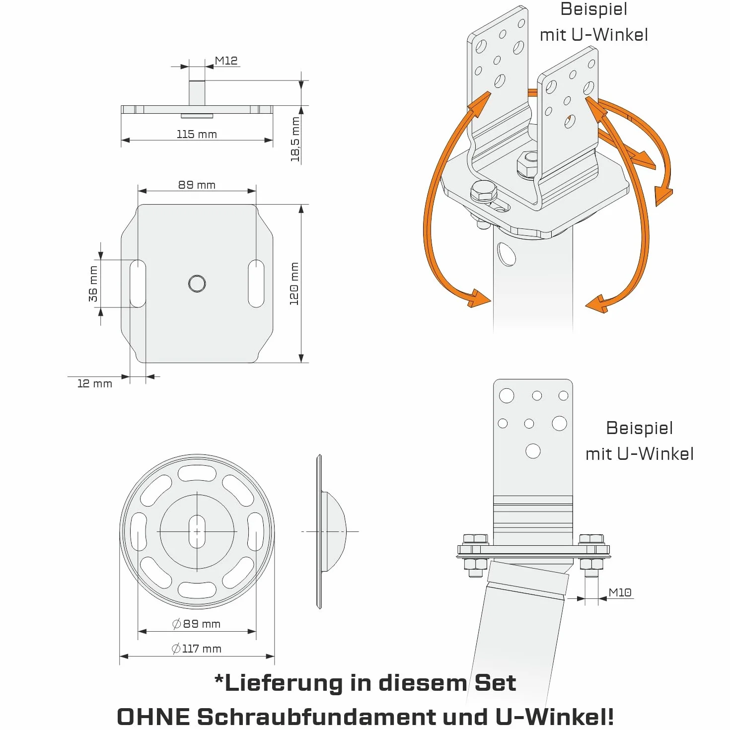 Lot de 4 plaques d'adaptation Tilt galvanisées à Chaud pour Fondation à vis Core Ø 60 x 2 M12