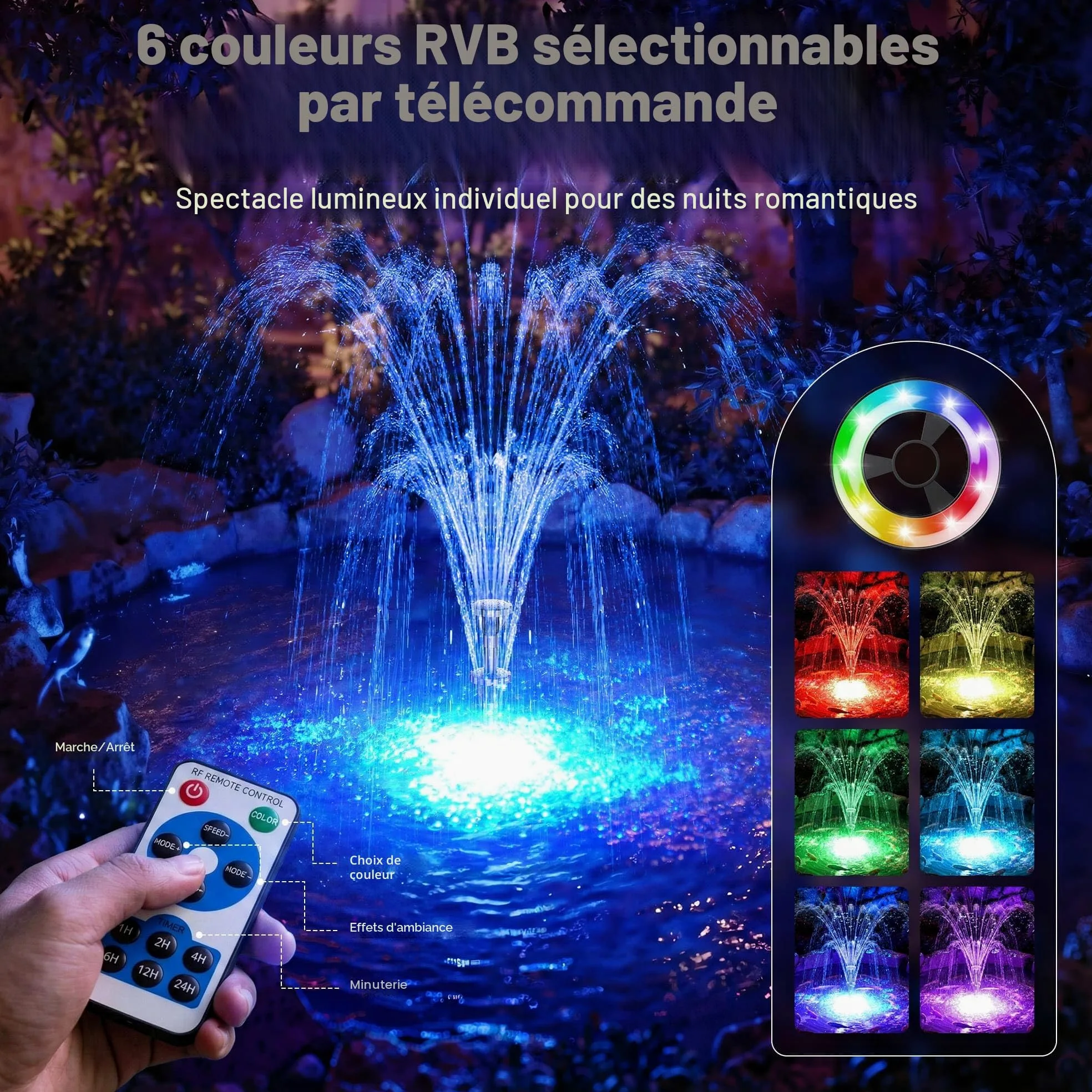 Biling Fontaine flottante avec éclairage LED pour grand bassin de jardin, fontaine de bassin avec pompe de 2500 l/h, câble de 9 m avec prise européenne, jeu d'eau avec 3 modes de fontaine (résistant