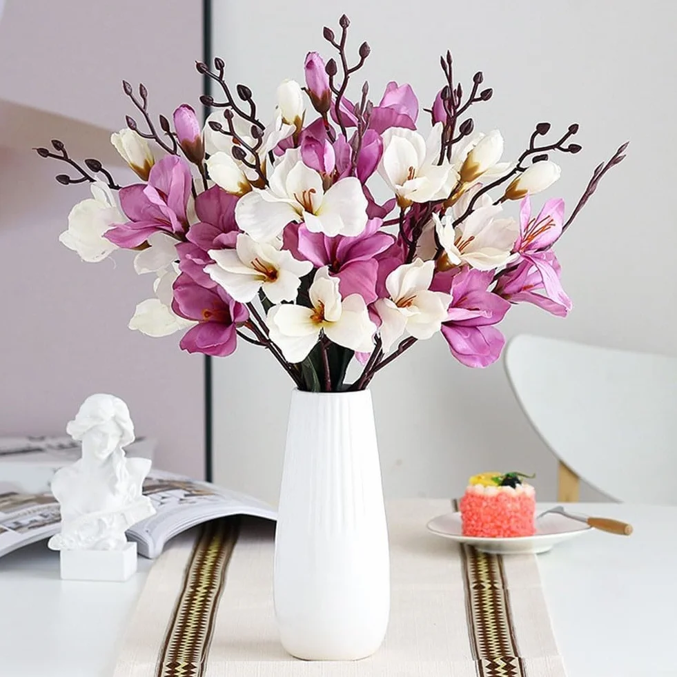 Bouquet de magnolia artificiel 5 broches 20 têtes blanc réaliste