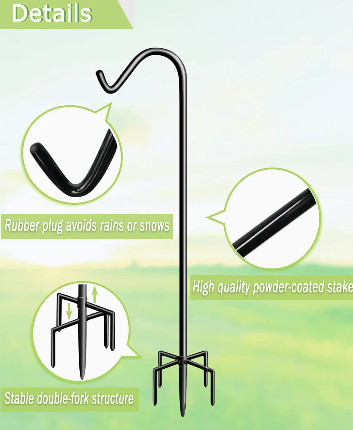 Garbuildman Lot de 1 crochet de berger de 233,7 cm de haut avec base à 5 fourchettes, support réglable et robuste pour mangeoire à oiseaux, pour extérieur, noir brillant