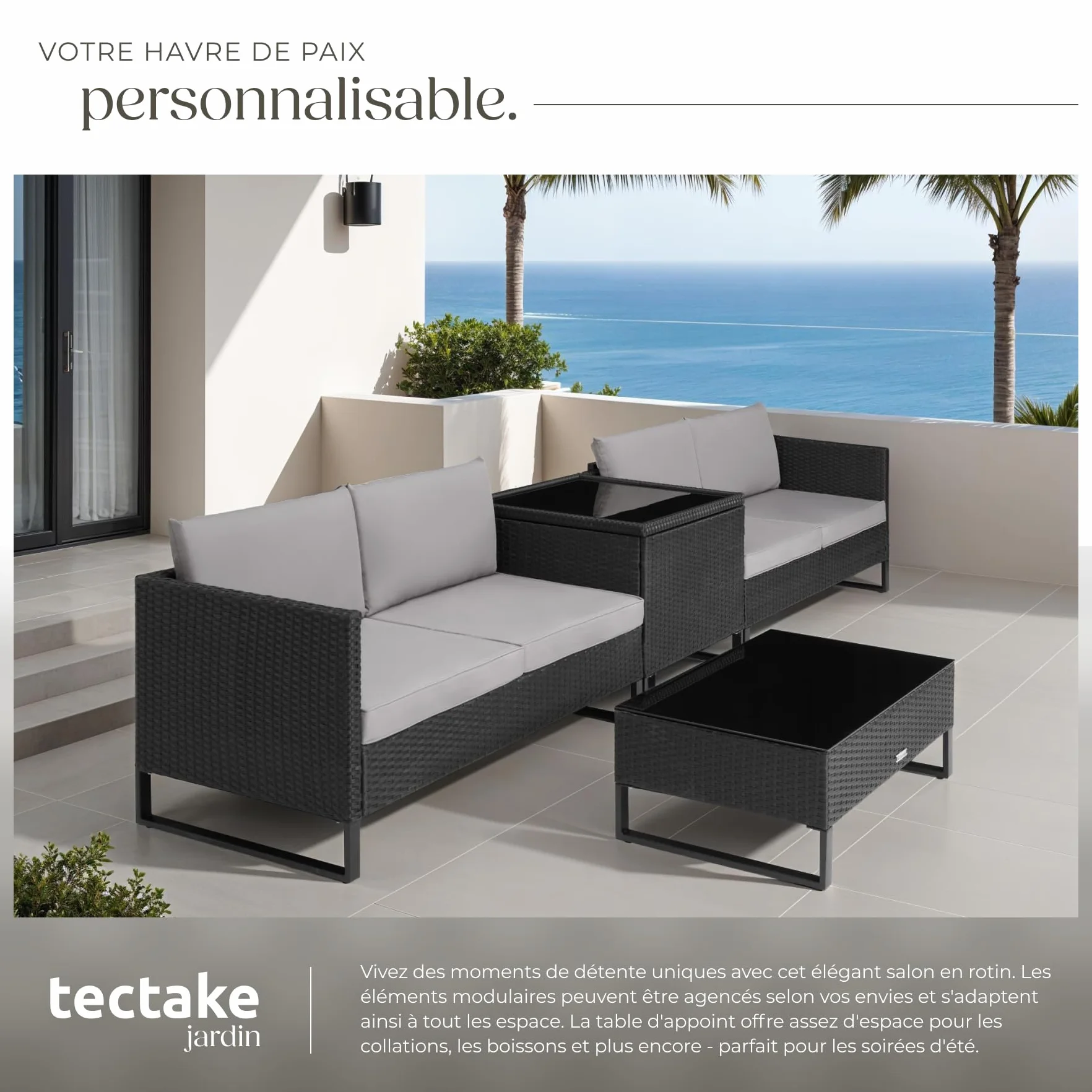 Tectake Ensemble Salon de Jardin Exterieur Modulable en Rotin, Canape 4 Places, Table Basse Verre, Coffre Rangement, Coussins Inclus