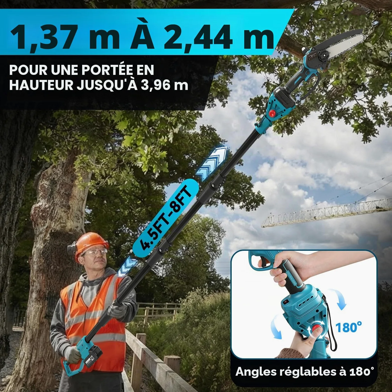 Tronçonneuse et Sécateur Perche Élagueuse Télescopique Électrique 4000 mAh | 21v 6 Pouces 4 en 1 Tronçonneuse Électrique sans Fil sur Perche Secateur à Batterie Professionnel coupe branche electrique
