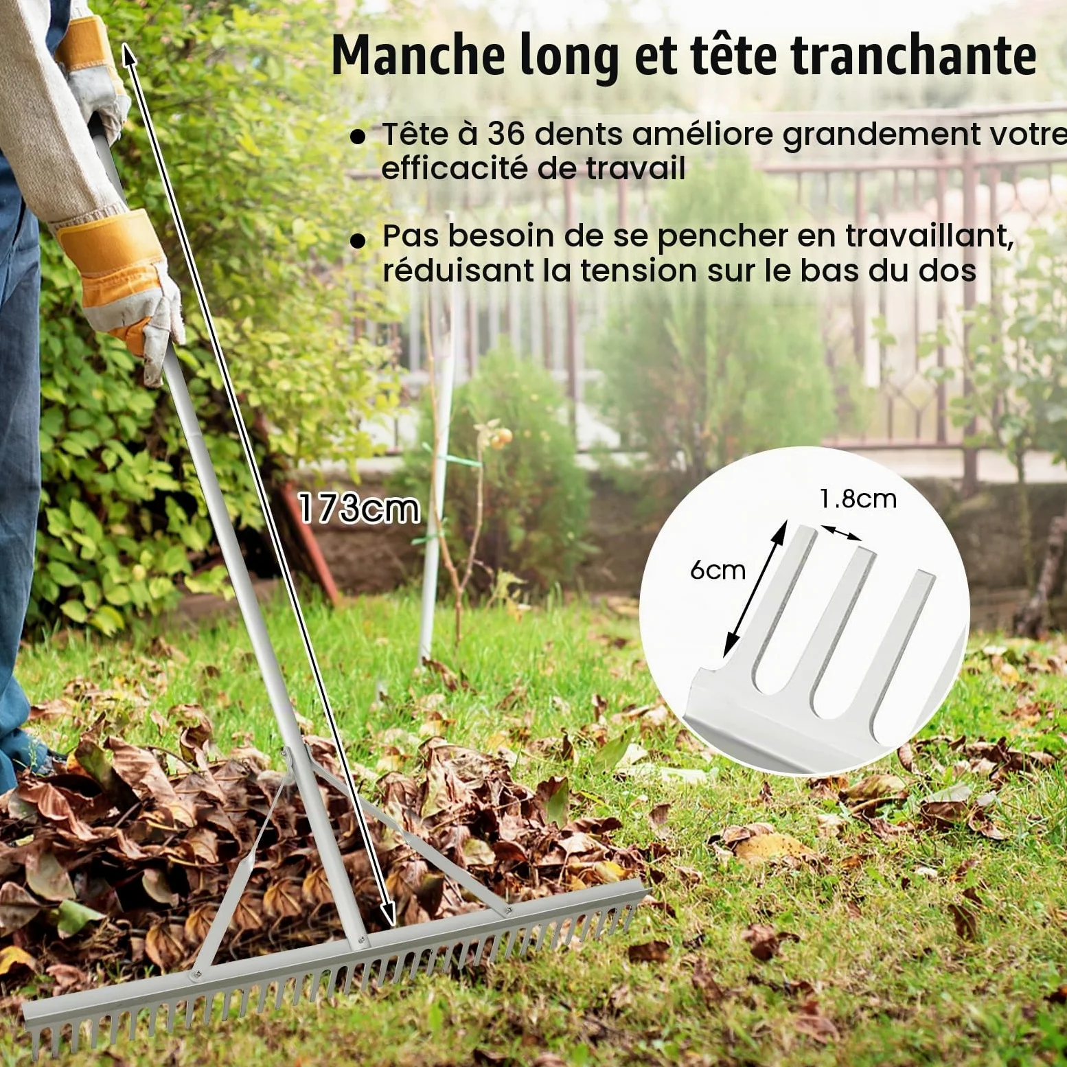 GOPLUS Râteau de Paysage, Râteau Jardin en Aluminium avec Tête Double Face de 91 cm, 36 Dents, Manche Antidérapant 174 cm, pour Niveler, Ameublir Le Sol, Entretien Pelouse, Lac et Plage