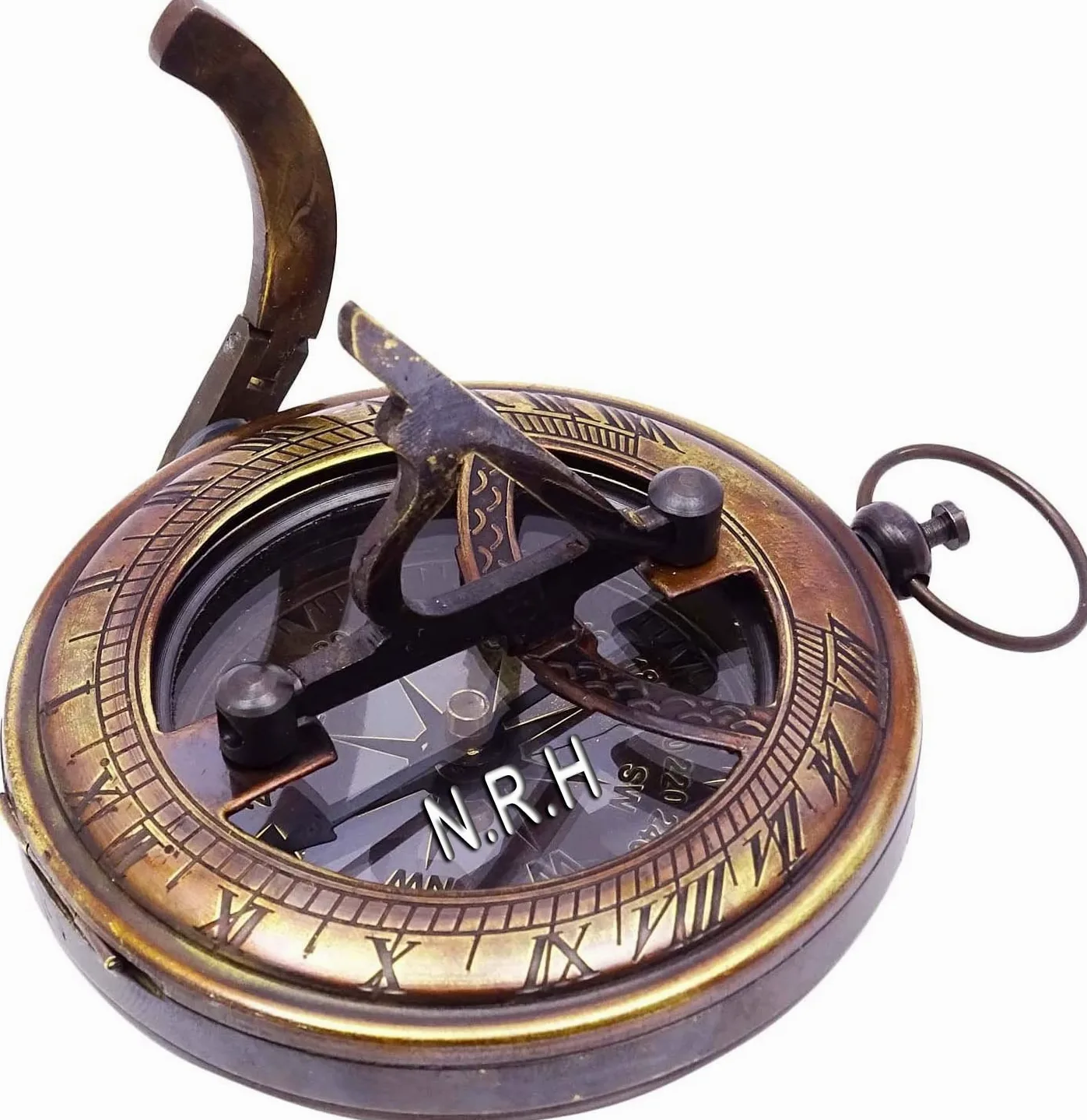 Cadran solaire vintage boussole en laiton avec étui en cuir – Cadeau gravé pour lui – boussole à pousser pour camping, randonnée et tourisme