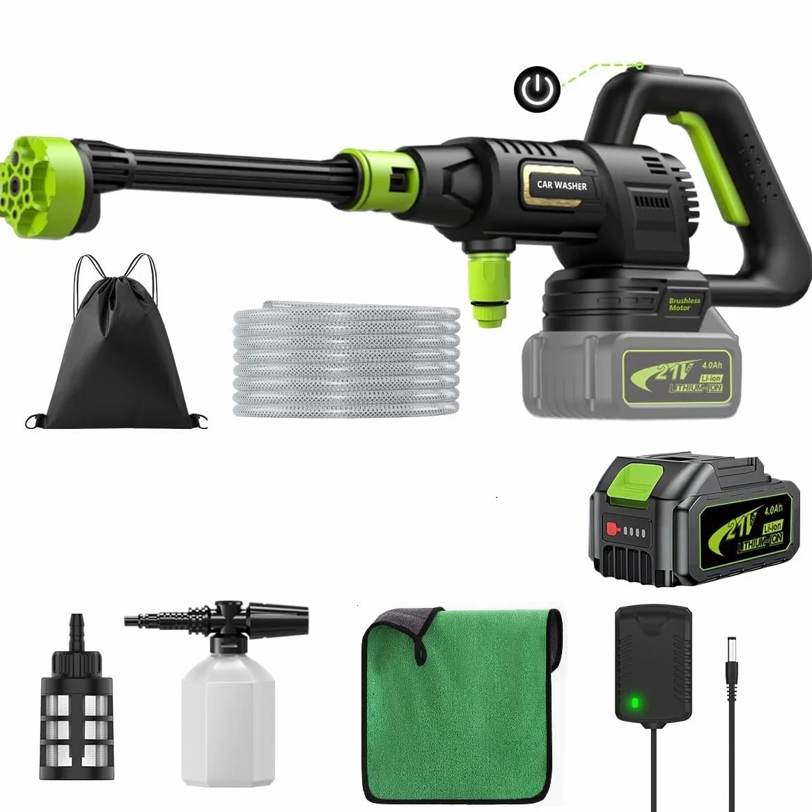 Nettoyeur Haute Pression sur Batterie 4000mAh, Max 120Bar Nettoyeur Haute Pression sans Fil avec Moteur sans Balais, 3 Niveaux Réglables, pour Lavage de Voiture et Nettoyage du Jardin