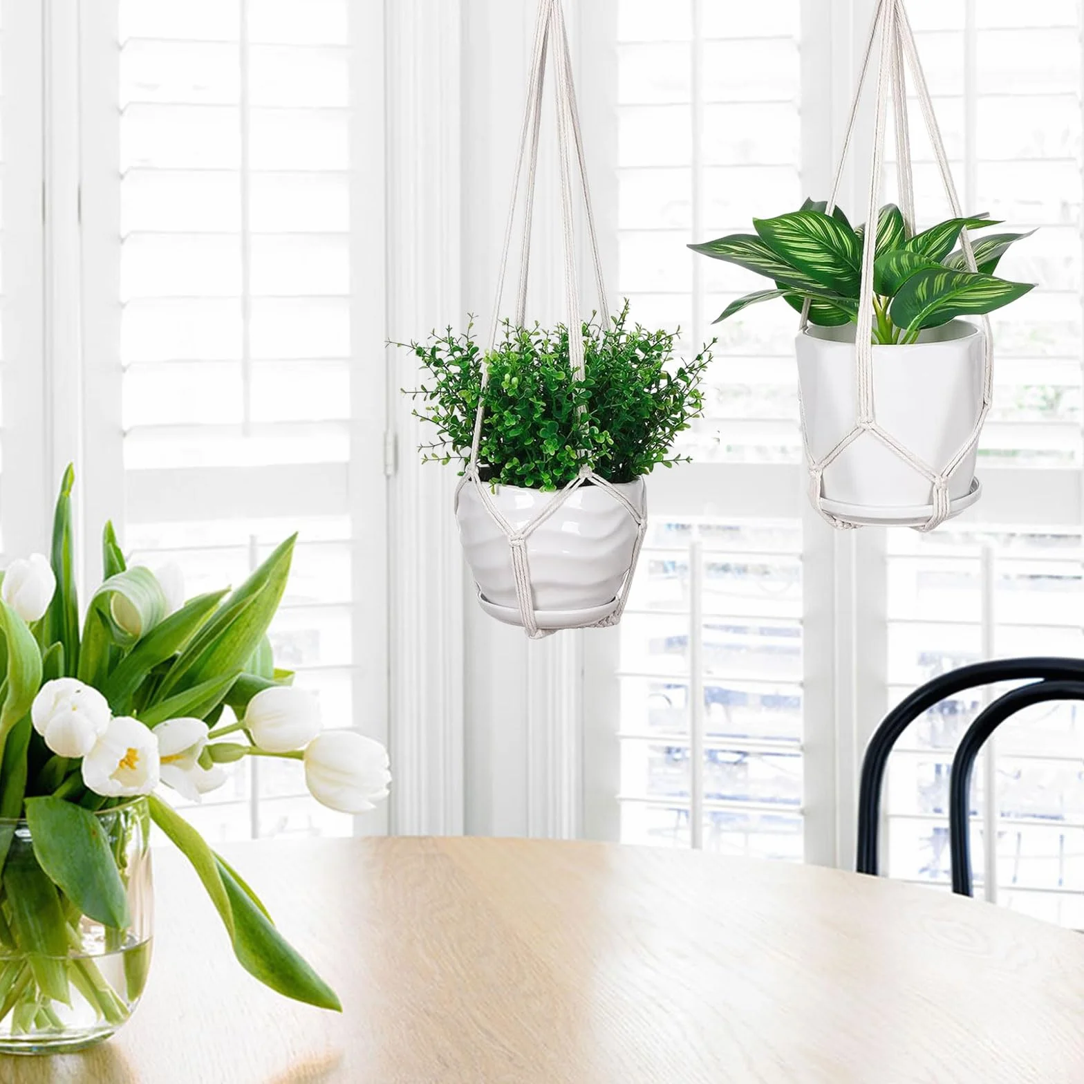 Suspensions pour Plantes en Macramé Lot de 3, Crochets Inclus, Support Intérieur Extérieur, Style Boho, Ivoire
