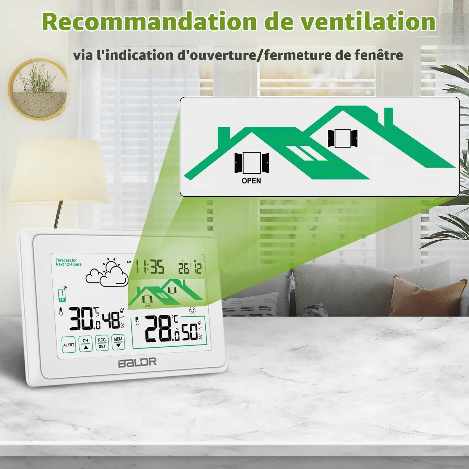 BALDR Station Meteo Interieur Exterieur Sans Fil, Horloge Umérique DCF Thermomètre Intérieur Avec Prévisions Météo de Ventilation et Rétro-éclairage