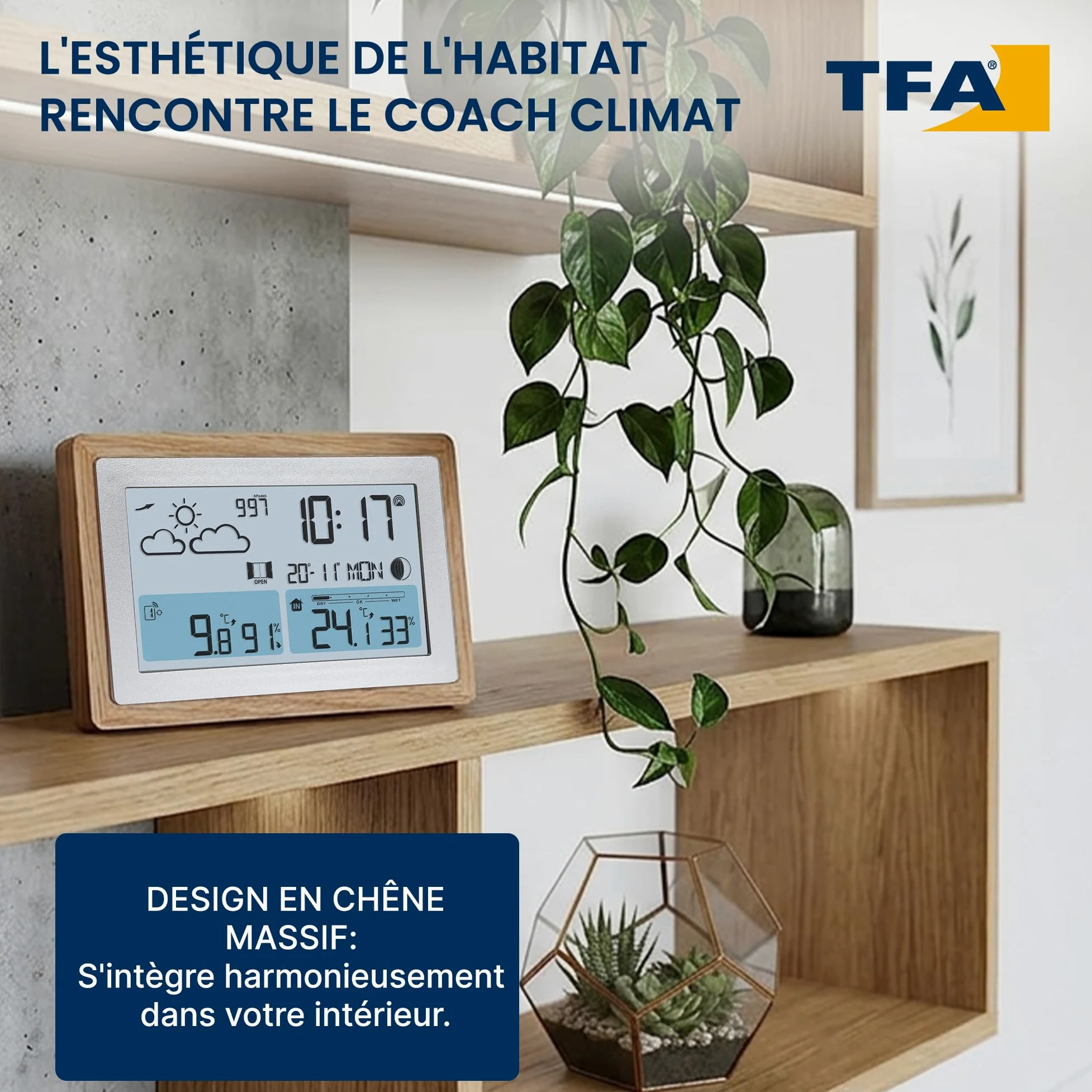 TFA Dostmann Station météo numérique, capteur extérieur sans Fil Oak, 35.1167.54, avec Cadre en Bois, température int./ext., recommandation de Ventilation, Horloge Radio-pilotée et réveil, Brun