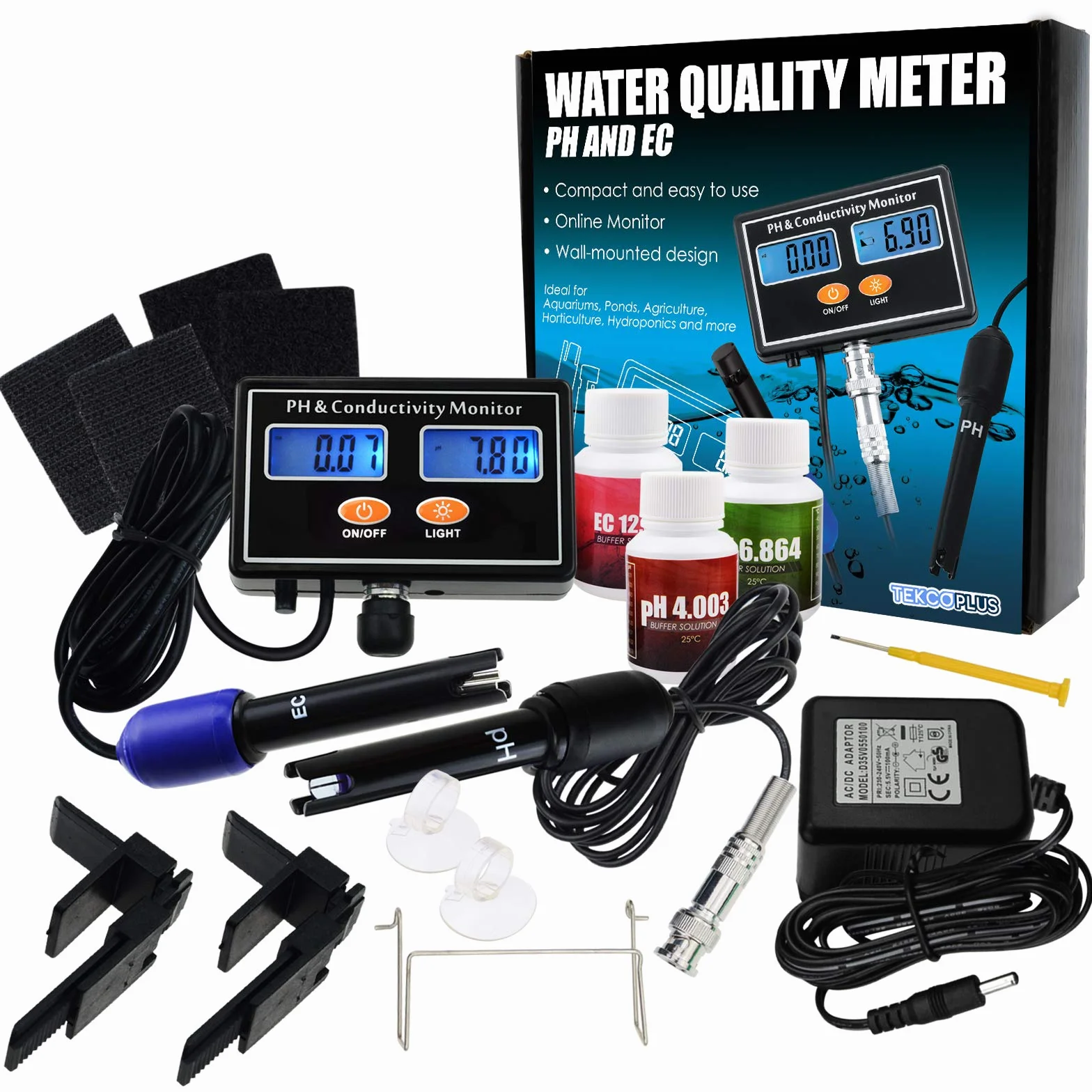 PH EC Conductivity Monitor Meter Rétro-éclairage ATC Qualité de l'eau Surveillance continue en temps réel Mesure Rechargeable 0.00~14.00pH / 0~19.99m S/cm Aquaculture Aquarium Pond Hydroponic