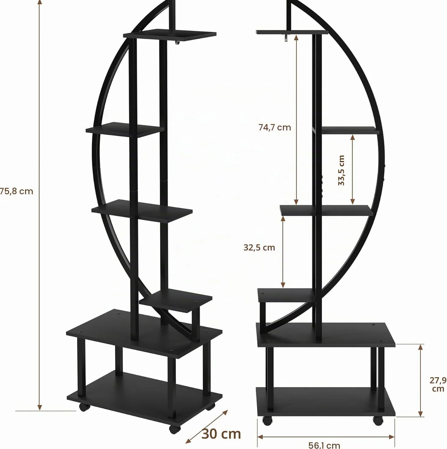 Supports pour Plantes d'intérieur 2 Pièces, 6 Niveaux 172 cm, Roulettes, Demi-Cœur, Métal-Bois, Noir