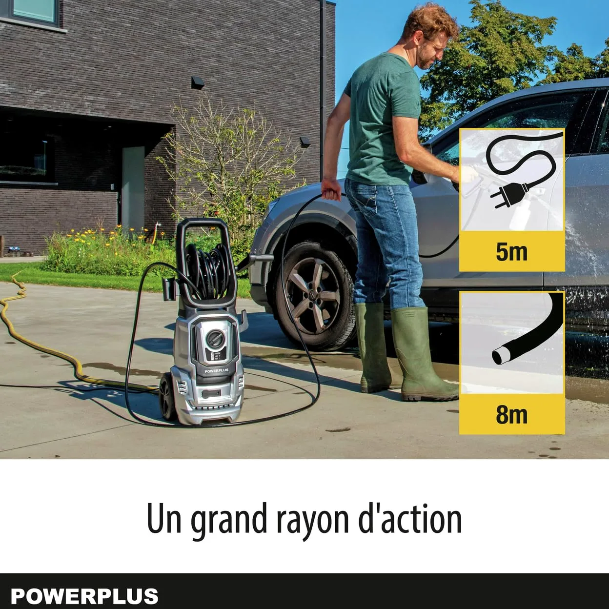 Powerplus Nettoyeur Haute Pression Électrique POWXG90411 - Nettoyeur de Terrasse de 1800 W, Fonction Start/Stop, Pression Max. de 140 Bars et Température de 50°C, Tuyau de 8 m et Accessoires Inclus