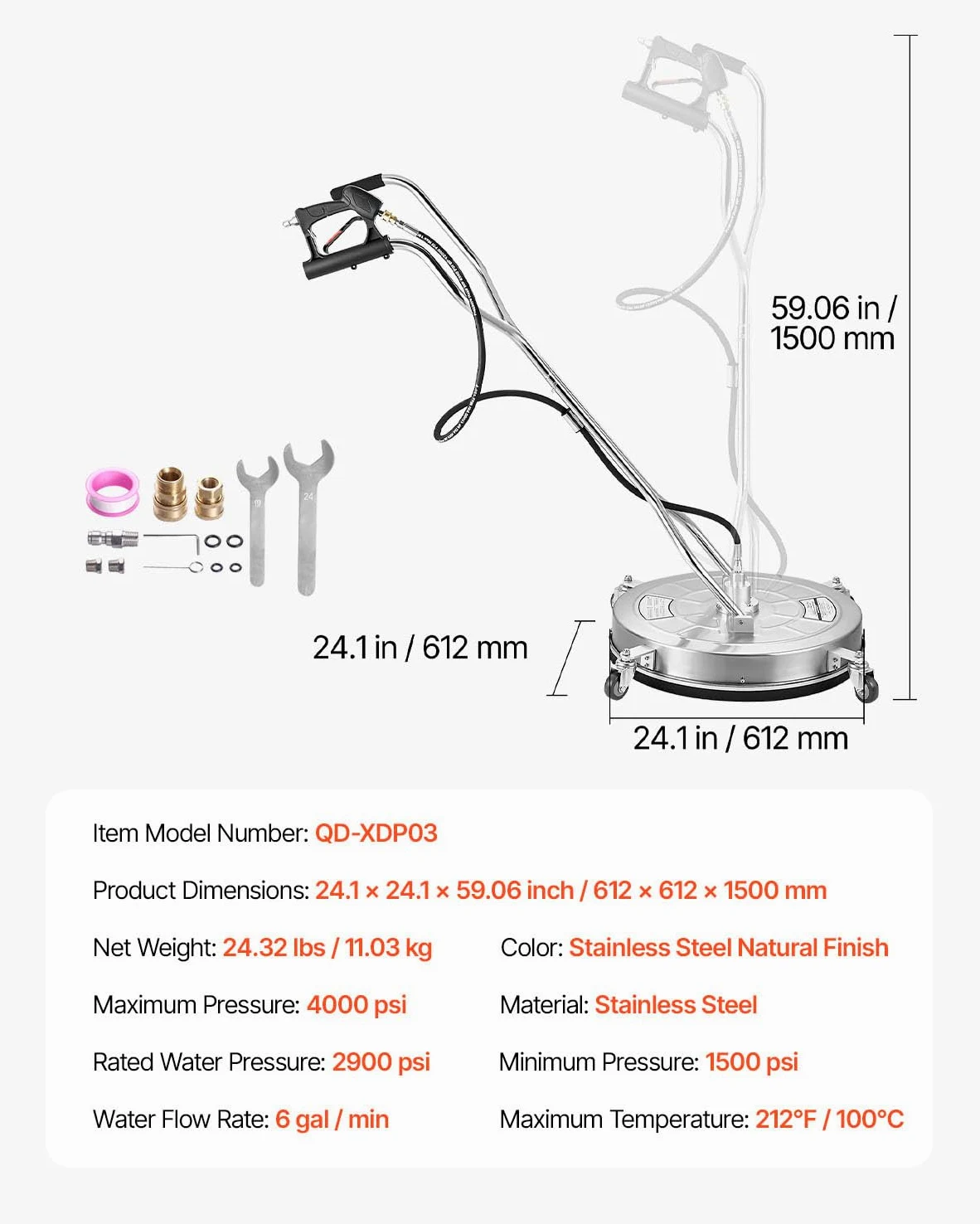VEVOR Nettoyeur de surface pour nettoyeur haute pression 612 mm, accessoire nettoyeur sol en acier inox avec 4 roues, 276 bar max. connecteur 0,95 cm 2 buses de pulvérisation pour béton patio trottoir