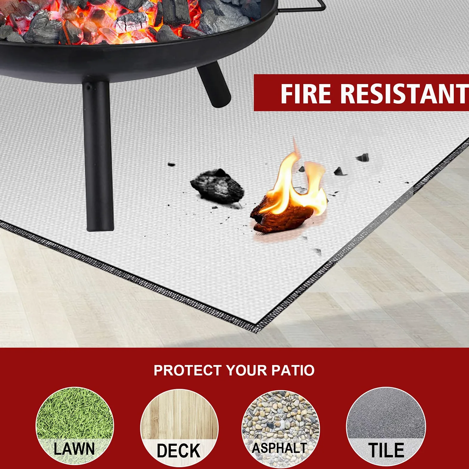 Tamfile Tapis de foyer carré de 101,6 cm, grand tapis de feu ignifuge pour cheminée sous le foyer, tapis de gril d'extérieur pliable résistant à la chaleur pour terrasse, herbe, camping, terrasse