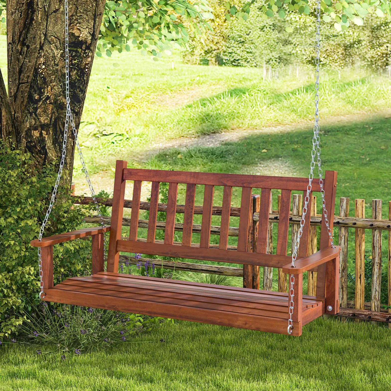 GOPLUS Balançelle Jardin 2/3 Places Extérieur Chaise Hamac Suspension Bois 230/360KG 136x67x63CM Marron
