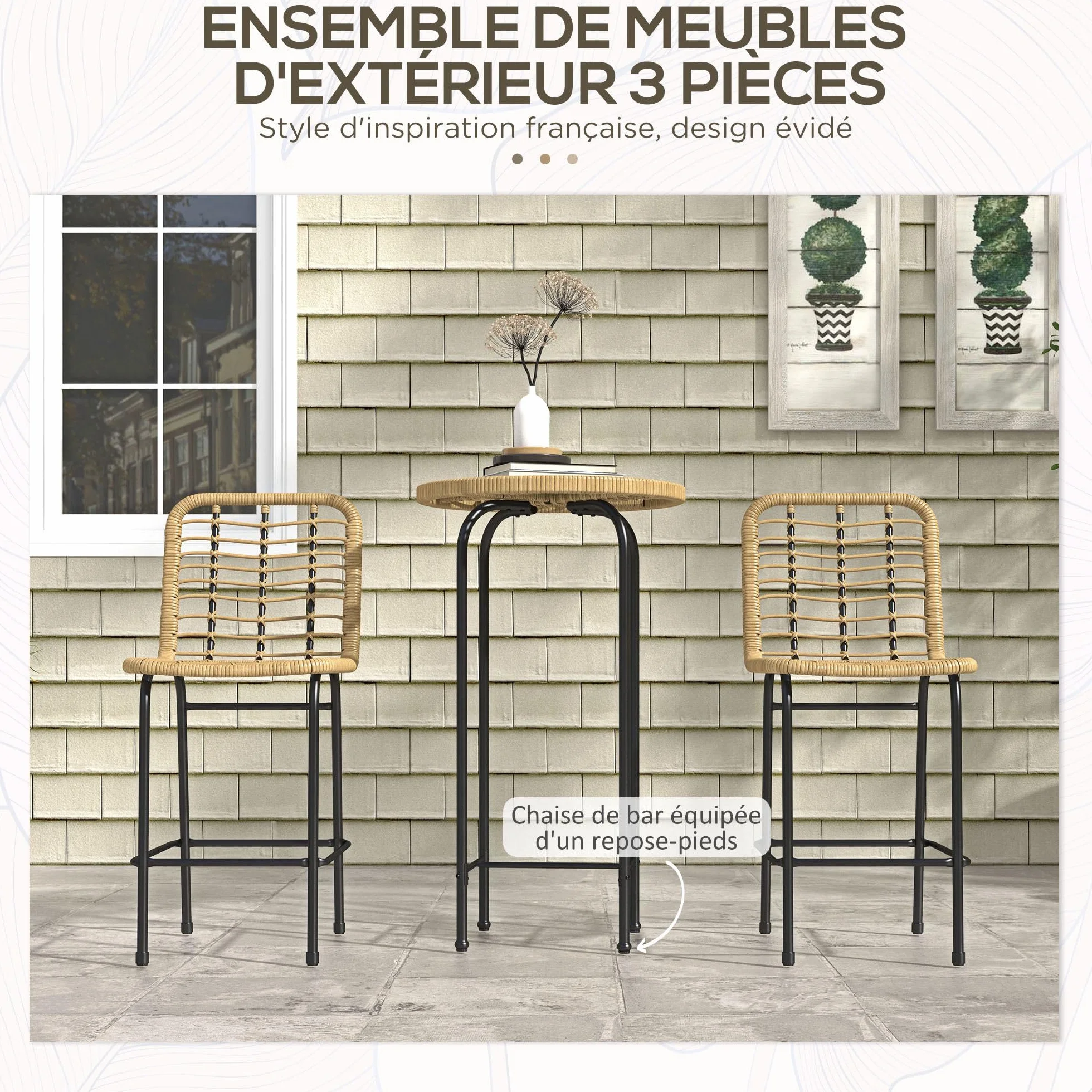Outsunny Ensemble de Bar de Jardin 3 pièces Table Haute Ronde Design bohème + 2 tabourets Ronds Repose-Pied métal Naturel Noir