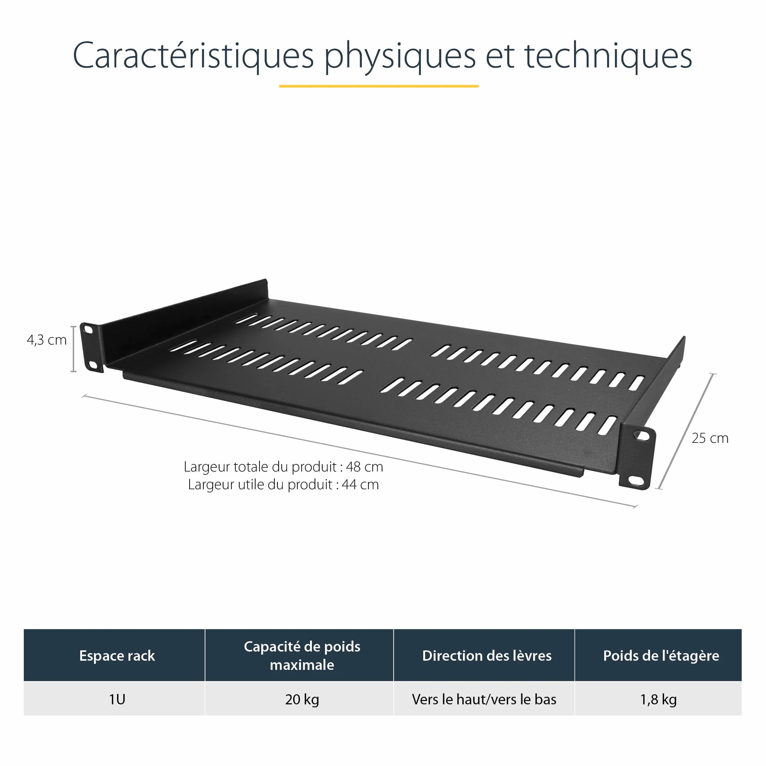 StarTech.com Étagère Rack Serveur 1U Plateau Cantilever Universel Ventilé 19" 20kg 25cm