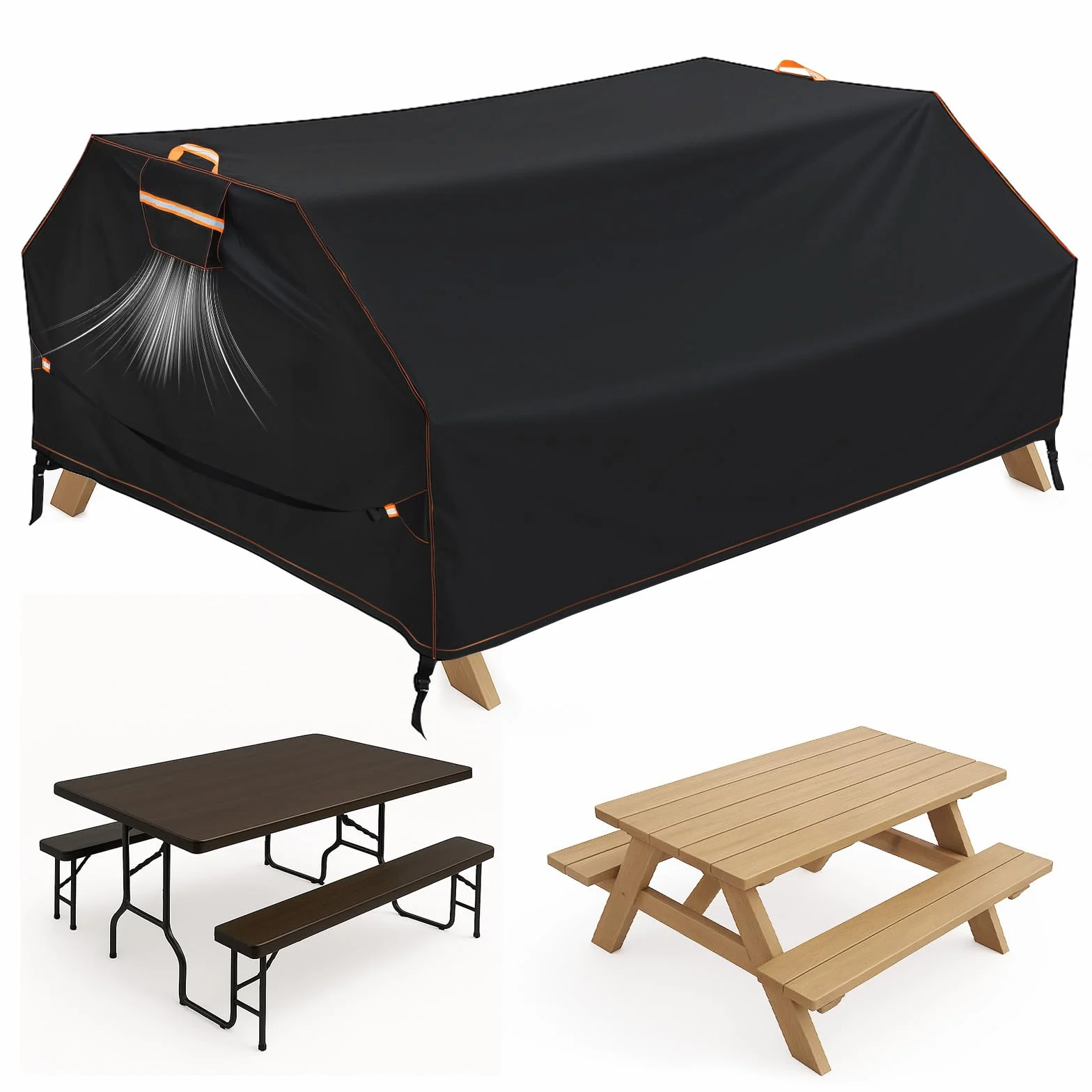 Housse de table de pique-nique en tissu Oxford 420D résistant au vent et aux UV 177,8 x 183 cm Noir