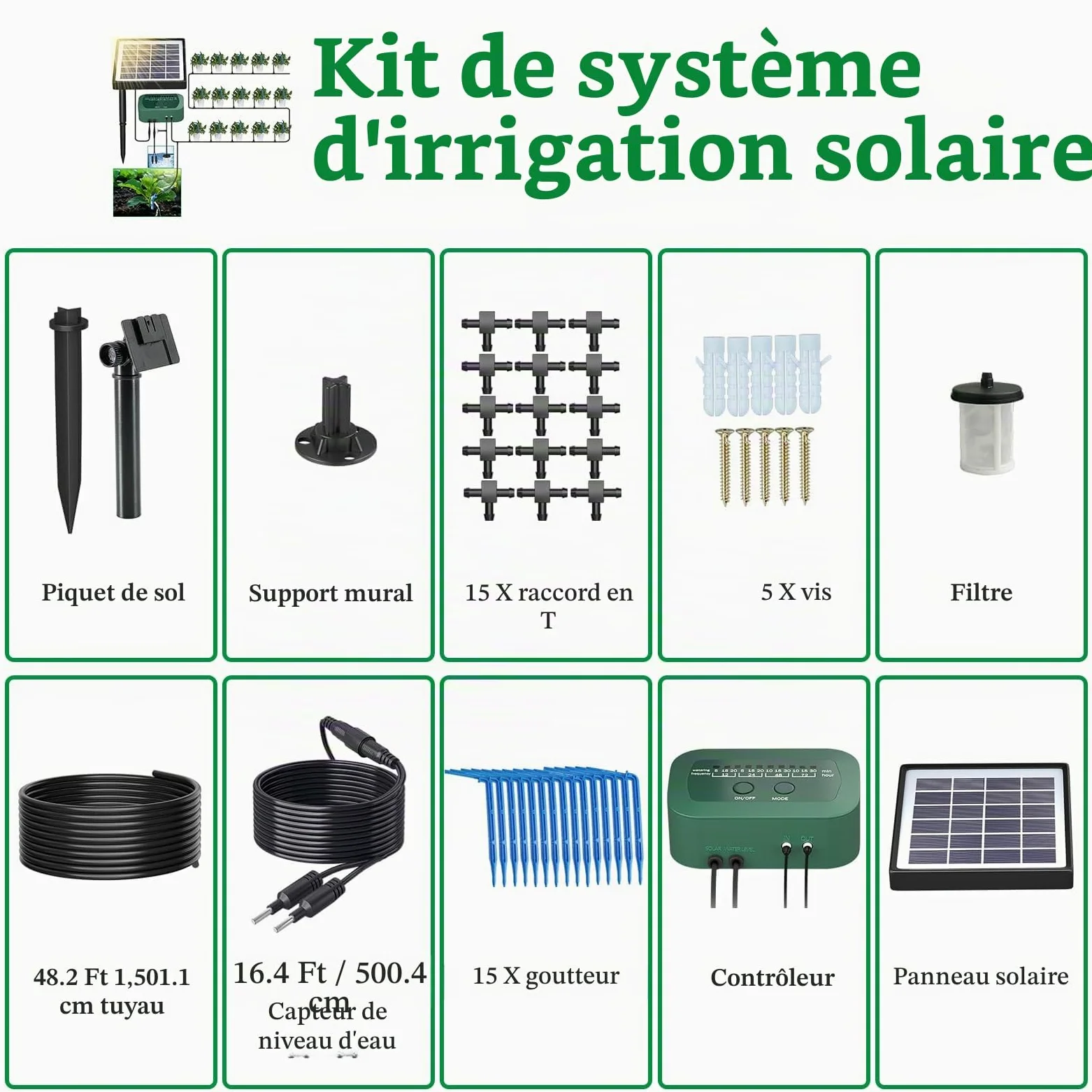 SoulBay Kit d'irrigation Goutte à Goutte Automatique à énergie Solaire, 12 Modes de Synchronisation, avec tuyau d'arrosage de 15 m pour jardin intérieur et extérieur en pot