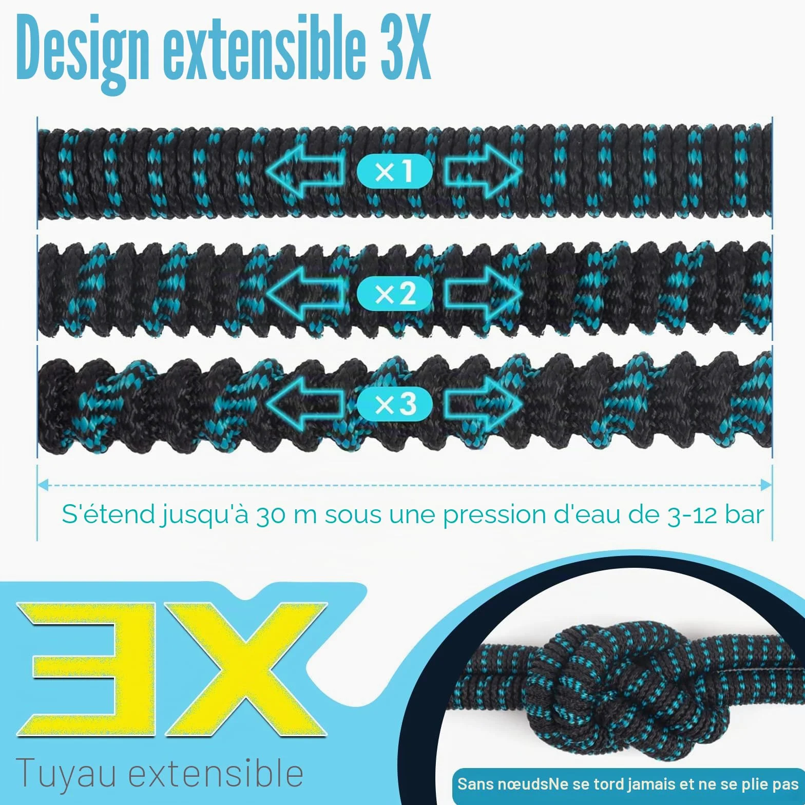 Tuyau d'arrosage extensible de 30,5 m avec buse à 10 fonctions, 4 couches de latex et raccord en laiton massif de 1,9 cm, anti-fuite, facile à utiliser (bleu)