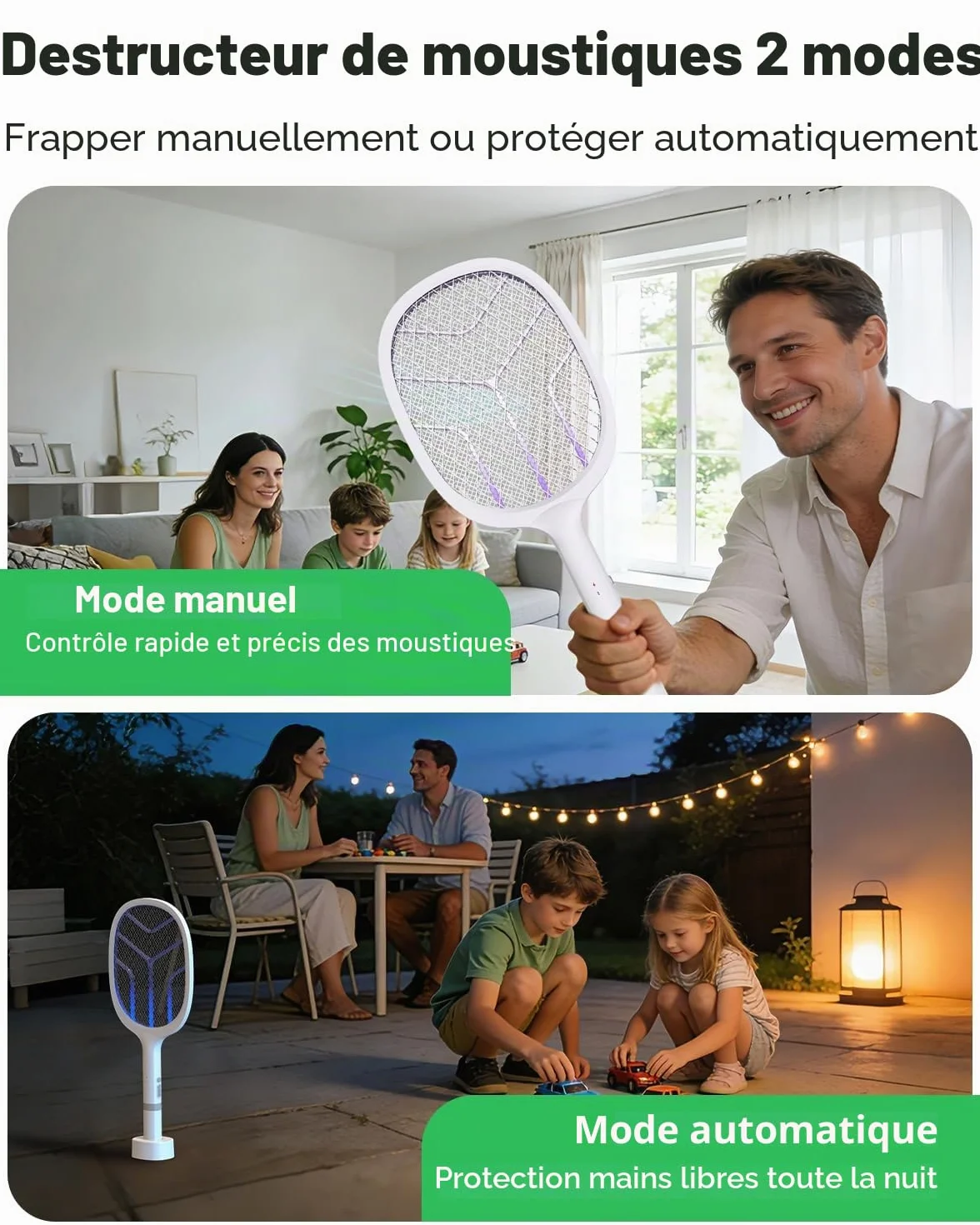 Raquette Électrique Insectes 4800V Anti Moustique 2 en 1 avec Lumière UV Rechargeable USB-C 2000mAh