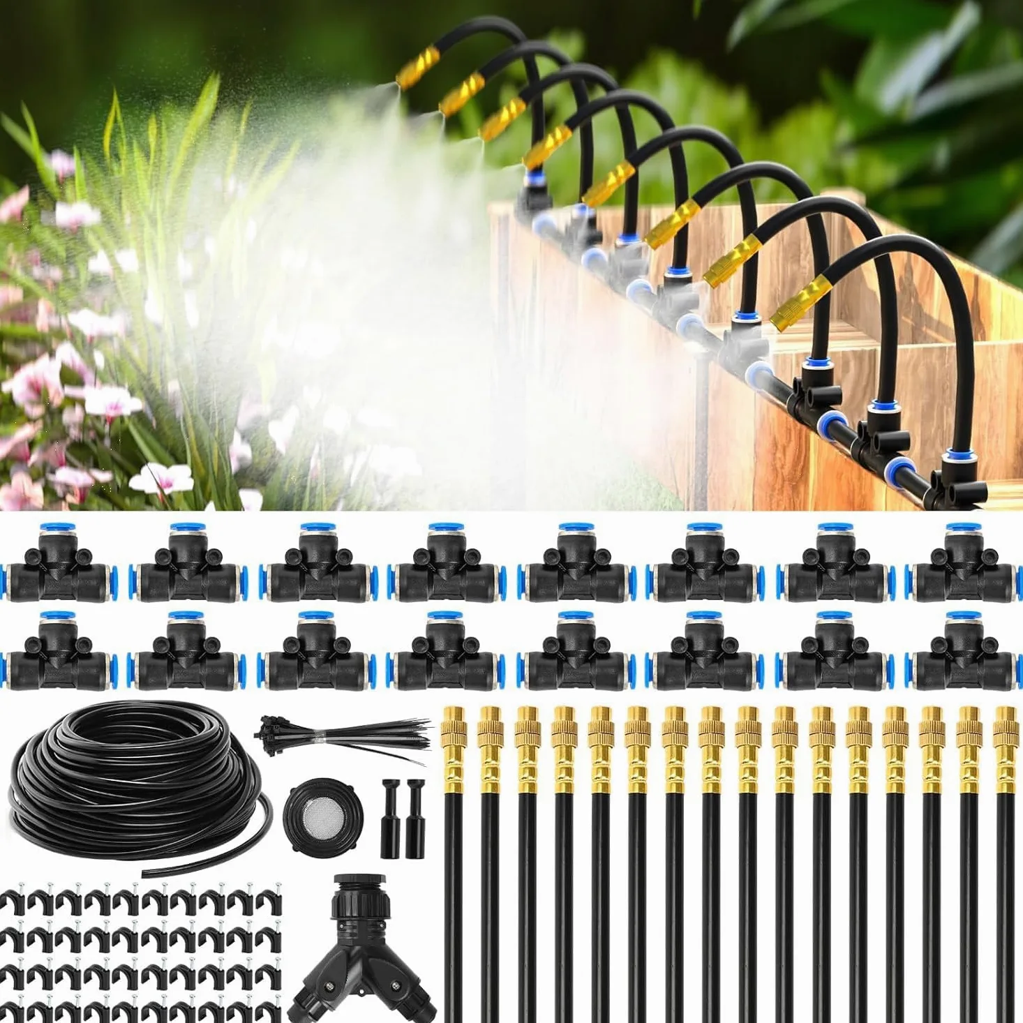Système D’Arrosage Automatique 30m, 16 Buses Orientables, Kit de Brumisation 6mm en Laiton pour Jardin, Serre et Terrasse, Installation Sans Outil, Jusqu’à 80% d’Eau Économisée