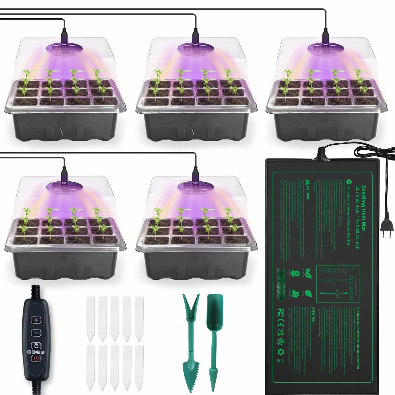 NAMOTEK Station de Germination 5 pièces avec Tapis Chauffant & Lampe de Croissance – 60 cellules, Mini-Serre