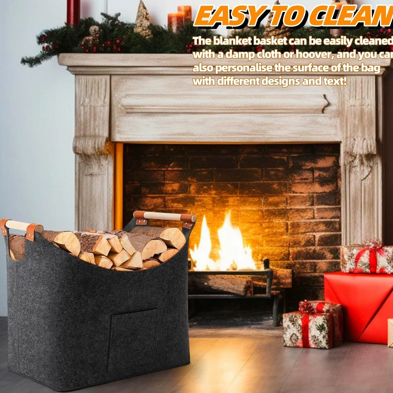 Panier à Bois de Chauffage Extra Large 50L Gris Foncé, Sac Pliable en Feutre avec Poignée Renforcée
