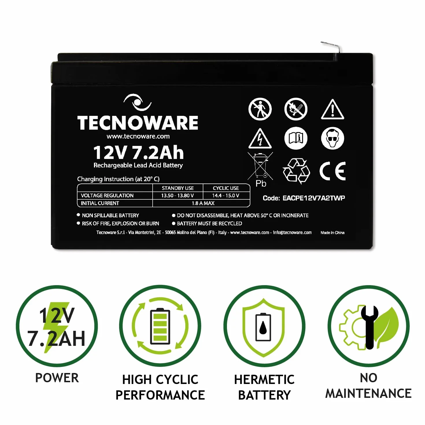 Tecnoware Batterie au plomb étanche 12 V 7,2 Ah