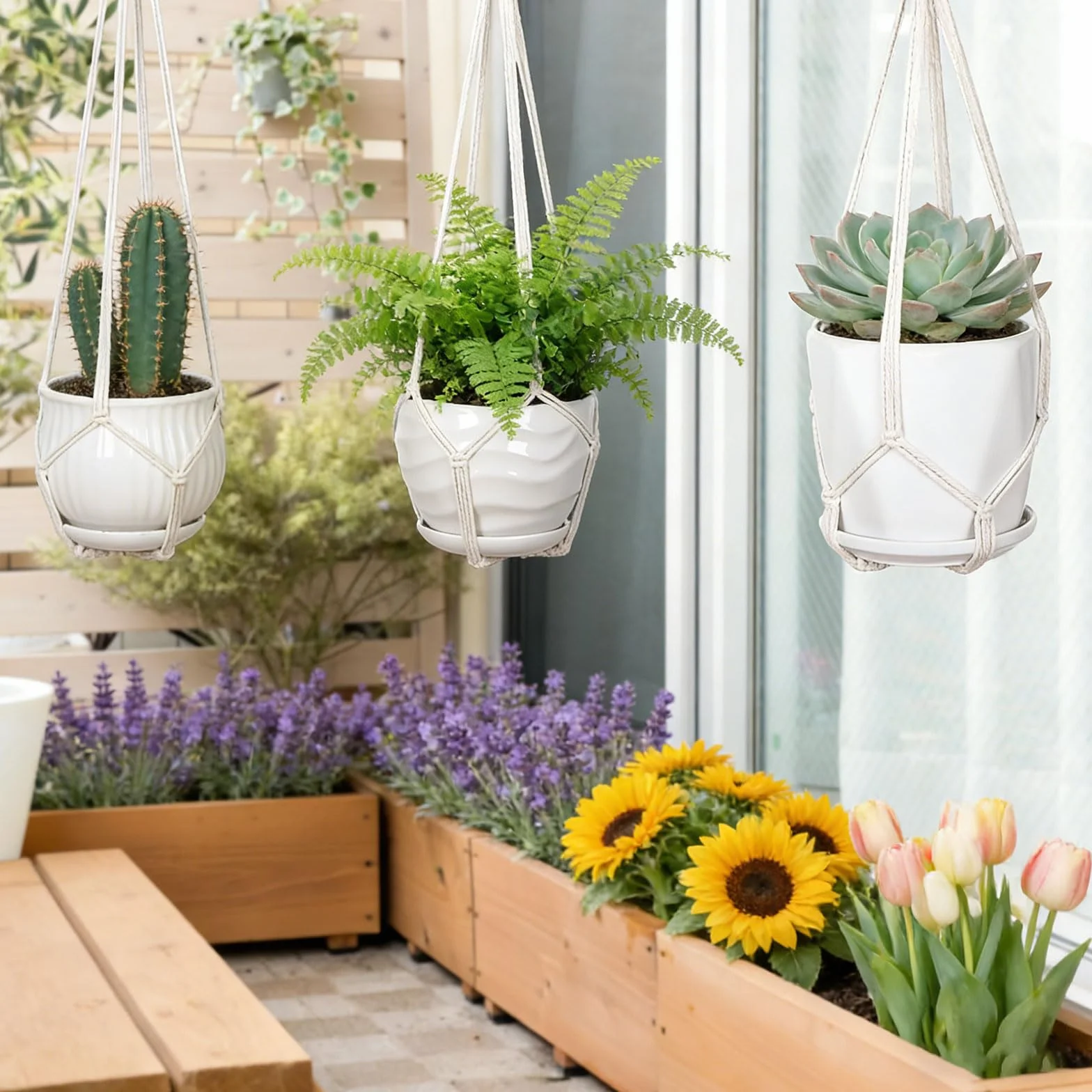Suspensions pour Plantes en Macramé Lot de 3, Crochets Inclus, Support Intérieur Extérieur, Style Boho, Ivoire