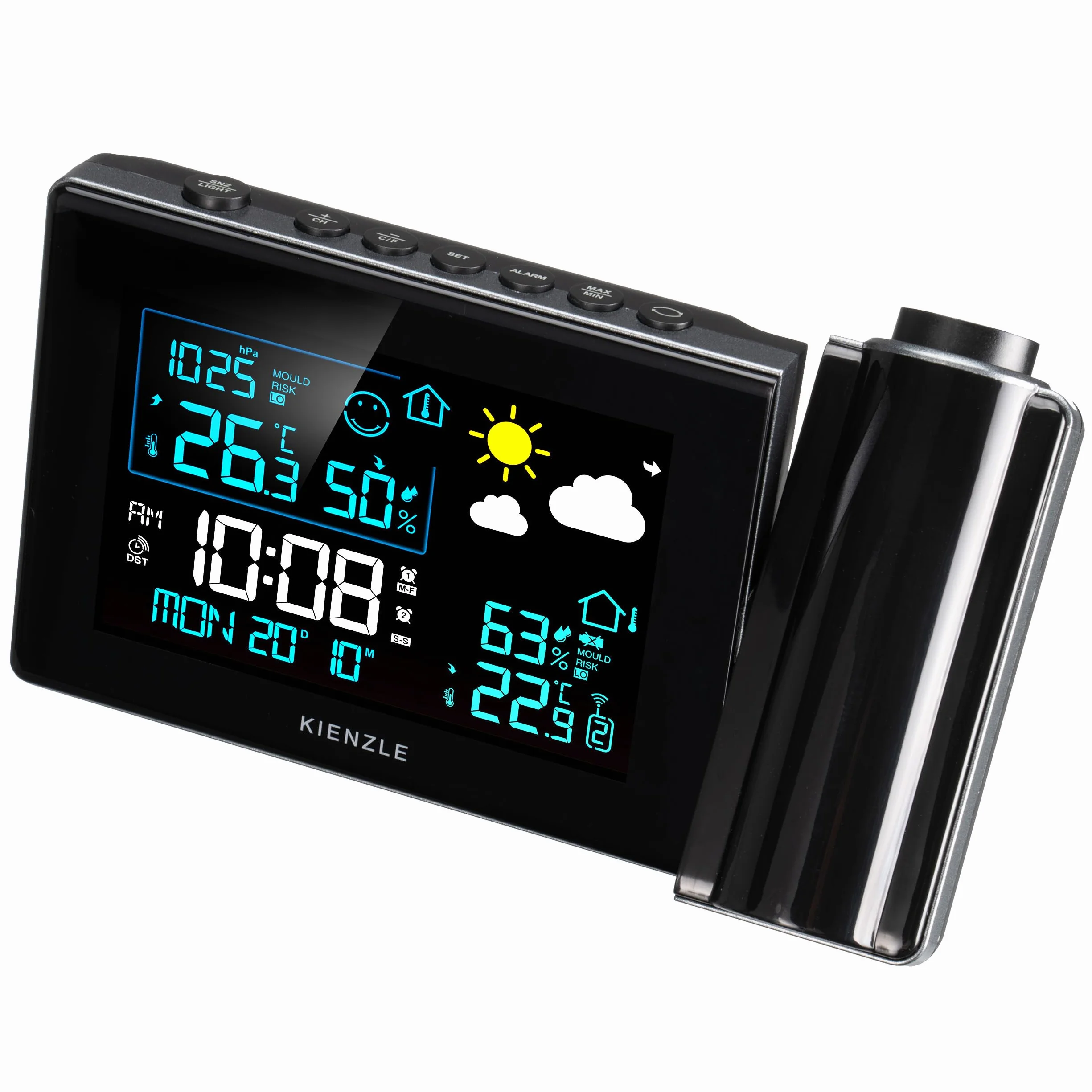 Station météo radio-pilotée Kienzle avec projection, écran couleur, capteur extérieur, alerte moisissure, 2 alarmes | Kienzle Station météo sans fil avec projection, indice moisissure