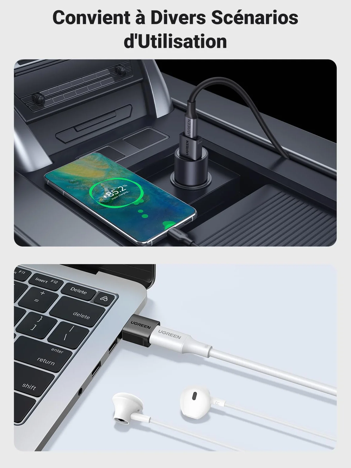 UGREEN Adaptateur USB vers Type C 3.2 10Gbps Lot de 2 Charge Rapide Compatible iPhone 14 13 MacBook iPad Galaxy S24