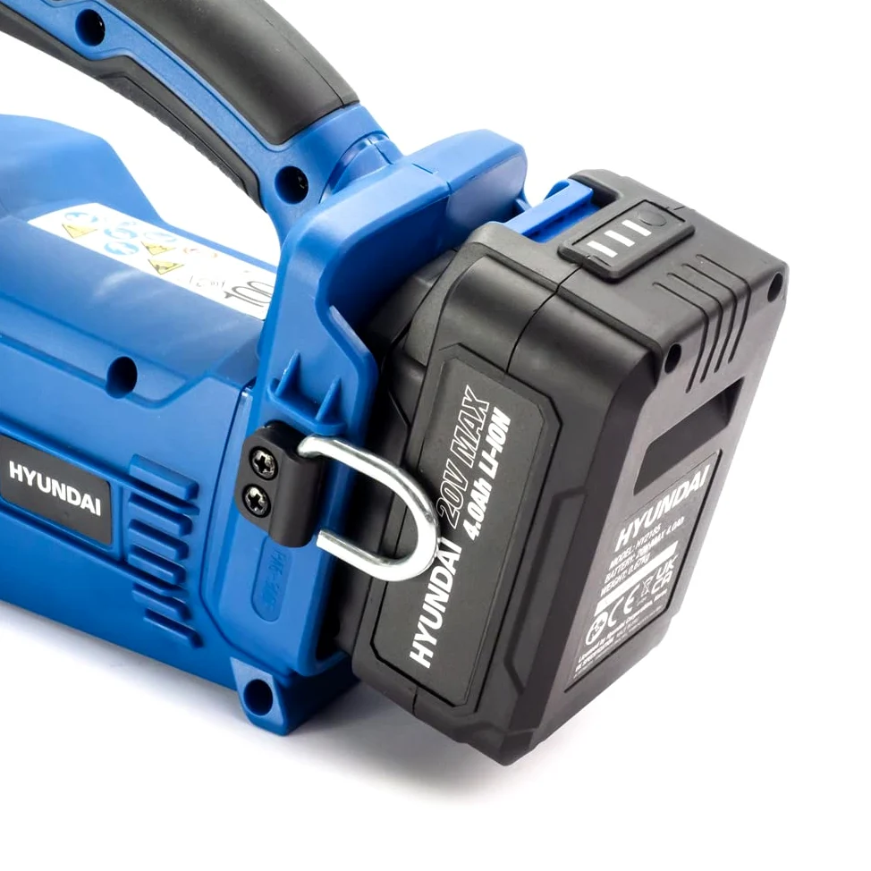 Hyundai Tronçonneuse Sans Fil 20 V Brushless, Guide et Chaîne 25 cm, Batterie Li-ion 4 Ah, Chargeur Inclus, Élagage, Garantie 3 Ans - HY2190