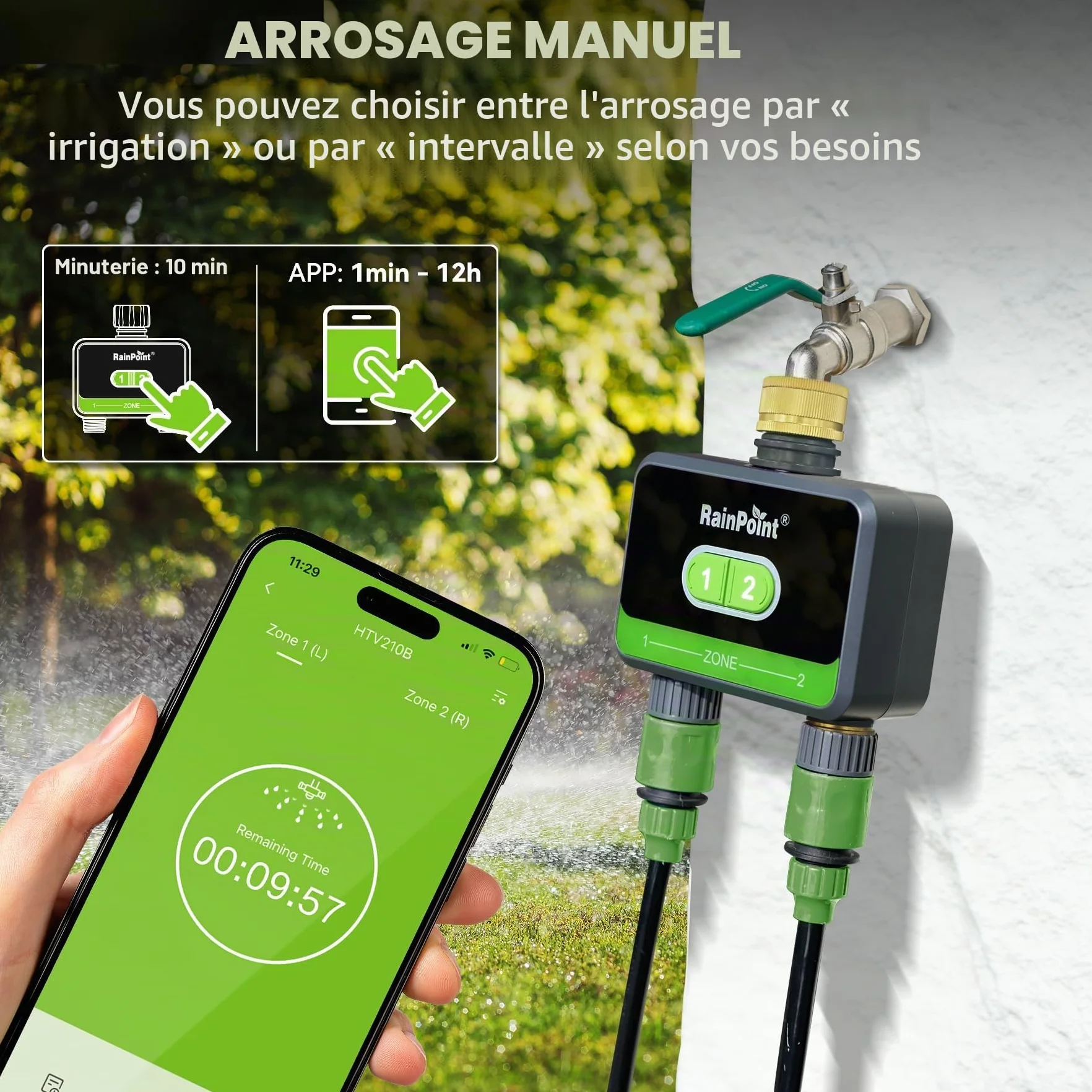 RAINPOINT Programmateur Arrosage WiFi 2 Sorties Laiton Automatique Jardin Application Commande Vocale