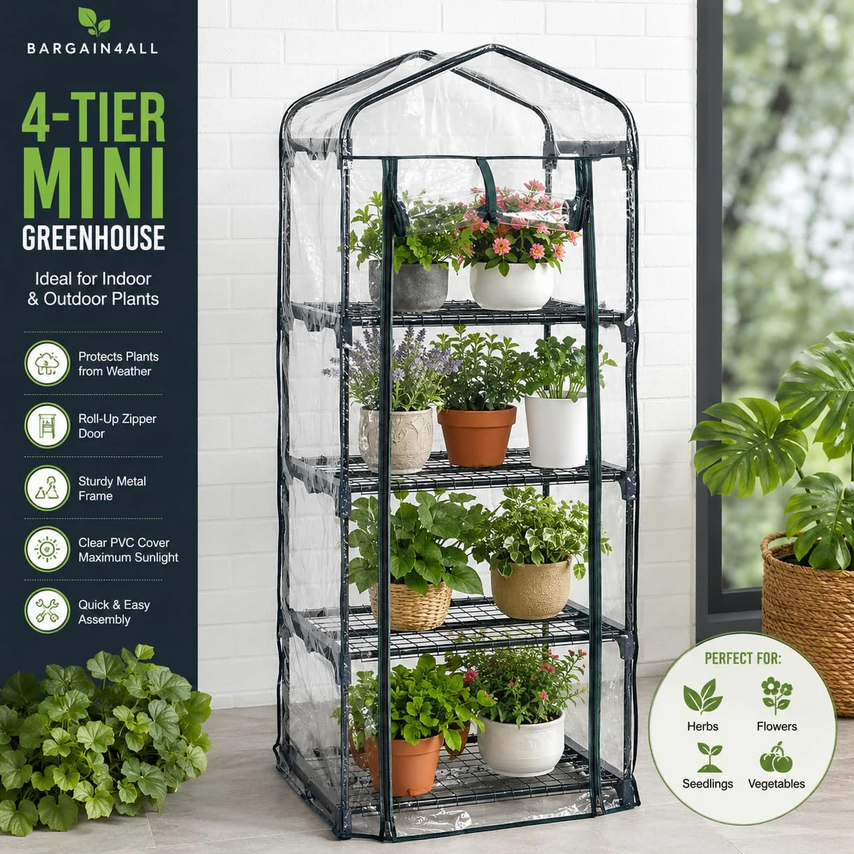 Mini serre de qualité supérieure à 4 niveaux avec cadre, étagères robustes, adaptée pour les plantes d'intérieur/extérieur, avec housse renforcée en polyéthylène enroulable résistante aux