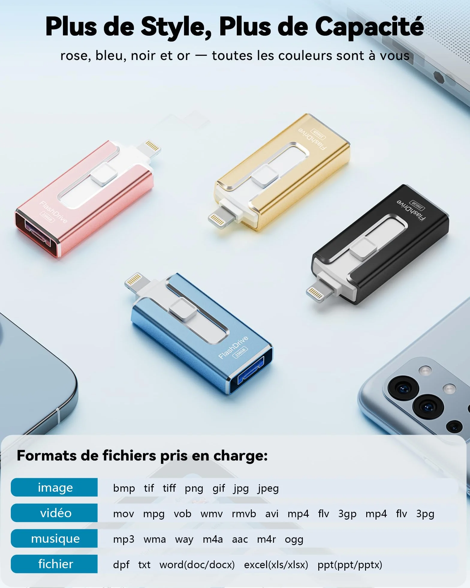 SUDEHO Clé USB iPhone MFI Certifié 256 Go 4 en 1 USB C Photo Stick Mémoire Externe Bleu